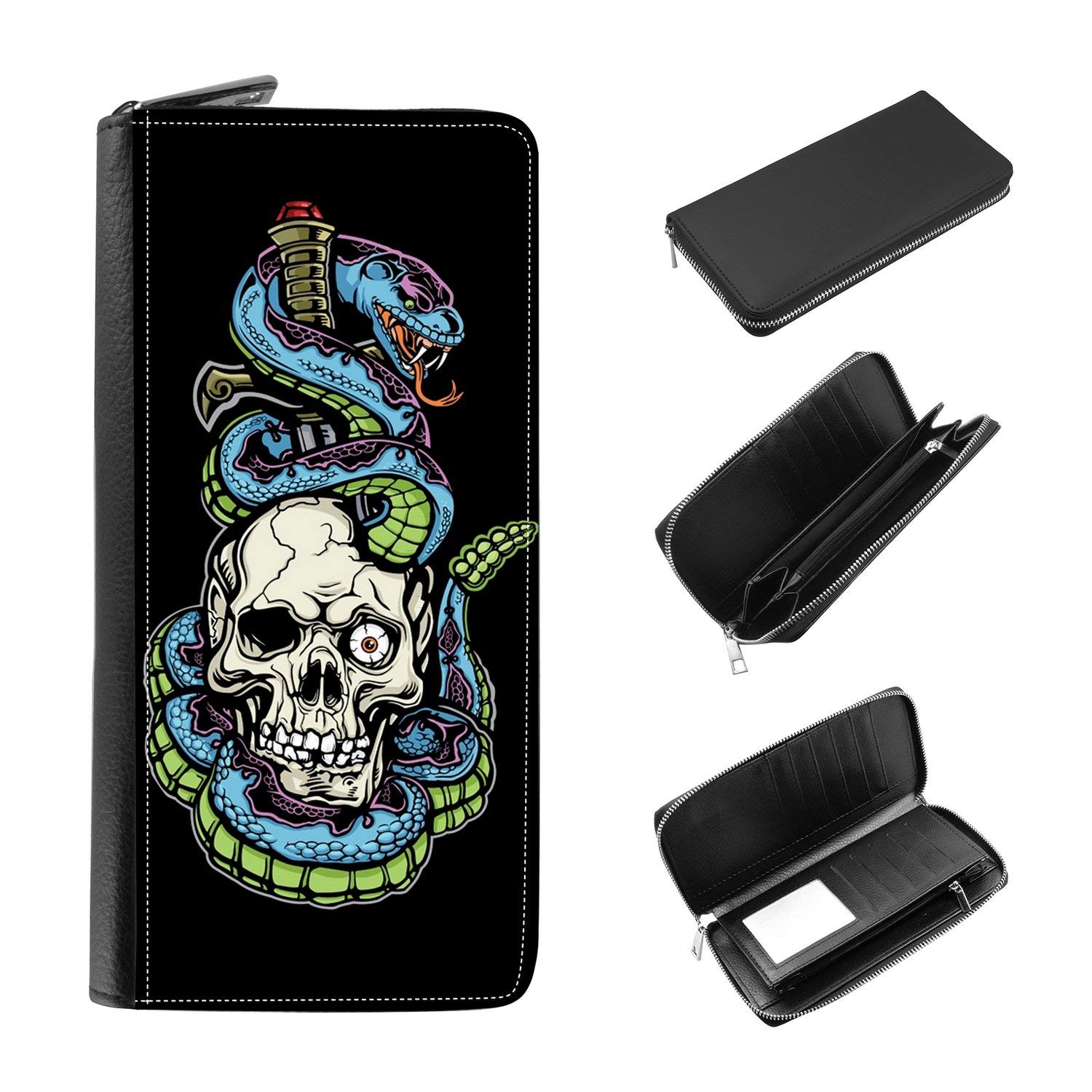 RFID Blocking Women's Zip Around Wallet & Phone Clutch with Card Holder - Rattlesnake Skull Tattoo Design - Perfect for Travel, Shopping & Night Out