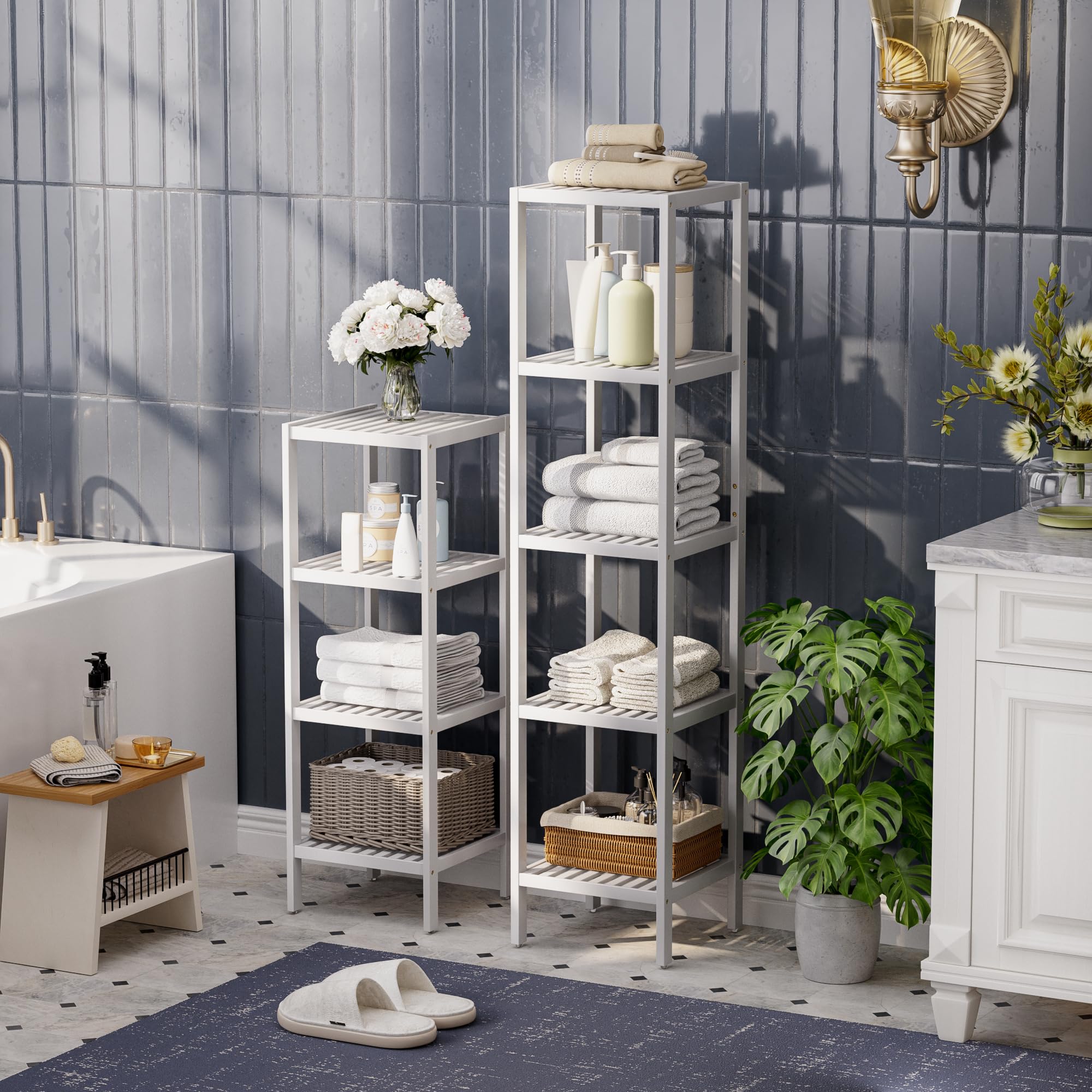5-Tier Bamboo Bathroom Storage Shelf - Multifunctional Organizer Rack for Living Room, Bedroom & Kitchen - Space-Saving Shelving Unit (White) | Perfect for Small Spaces, Bathroom Essentials & Home Organization