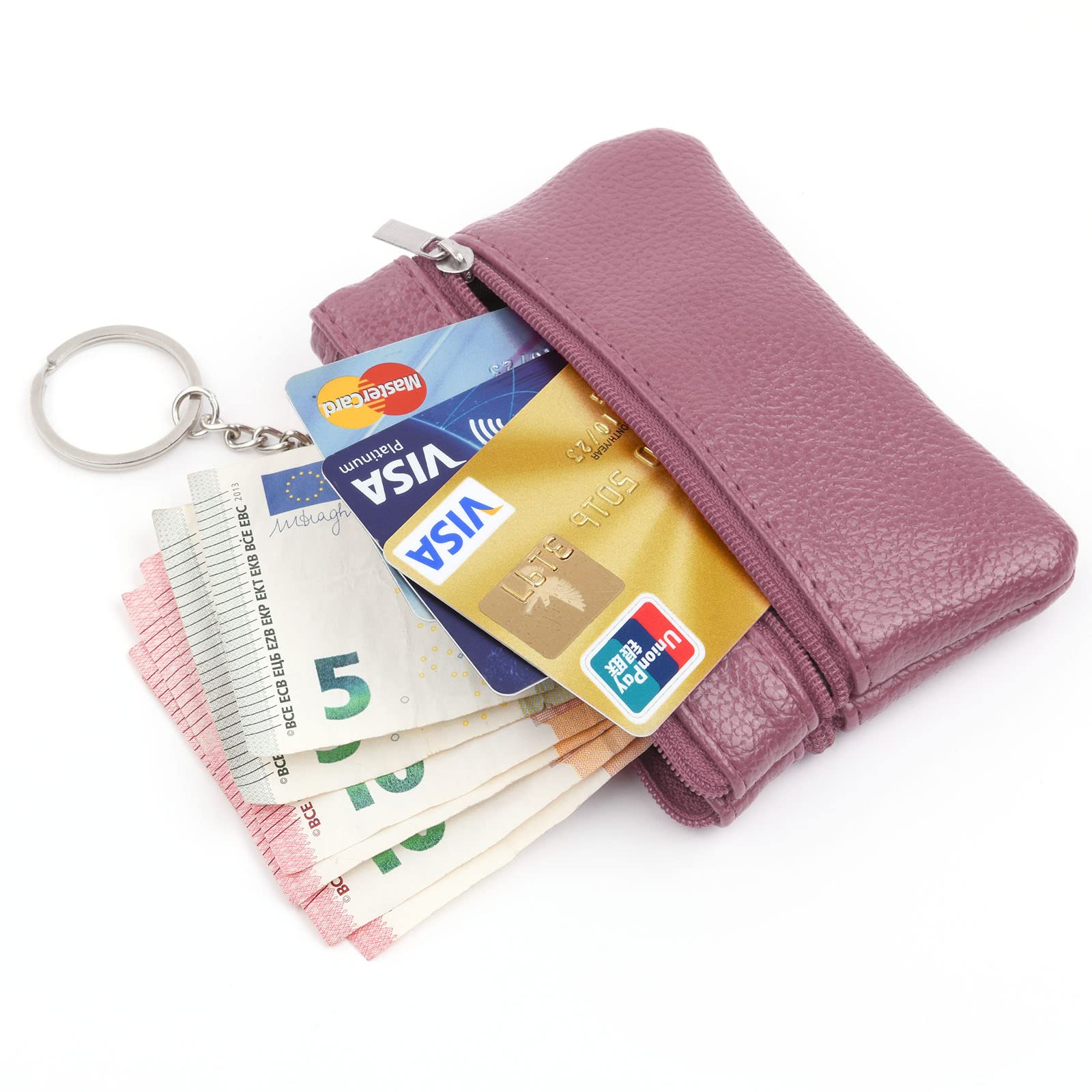 Aucuu Genuine Leather Coin Purse for Women - Compact Zipper Wallet with 3 Card Slots & Keychain Holder | Small Lightweight Travel Wallet (12x8cm) | Perfect for Everyday Use, Travel & Gift Giving