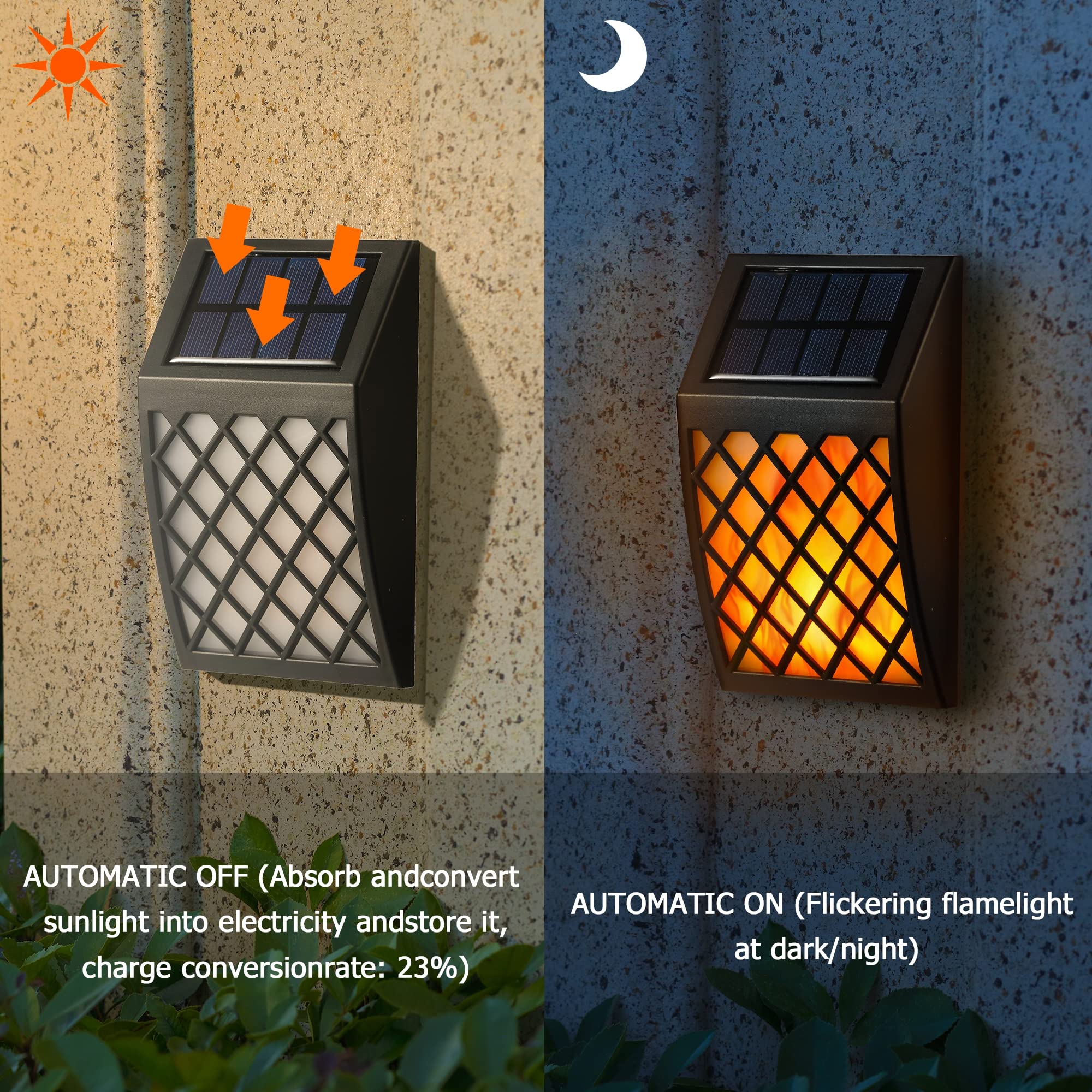 Dynaming Solar Flame Lights Outdoor - 4 Pack Solar Powered Flickering Flame Wall Lights with Auto On/Off - Waterproof Decorative Lighting for Fence, Deck, Garden, Pathway, Patio, Porch & Yard - Perfect for Halloween, Christmas & Outdoor Parties