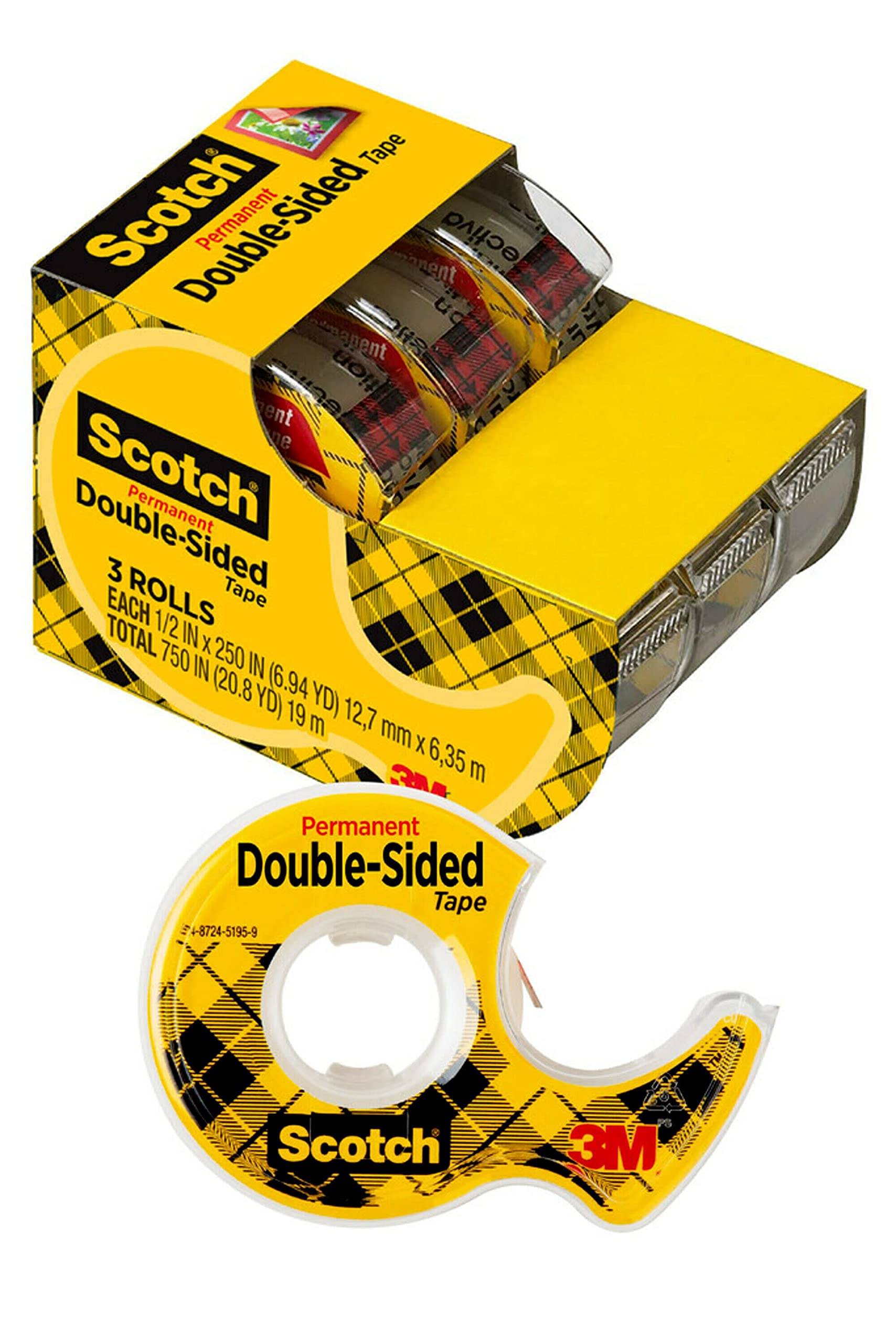Scotch Permanent Double Sided Tape - 1/2 Inch x 250 Inch - 3 Dispensers/Pack (3136) - Strong Adhesive for Home, Office & Craft Projects - Mounting Photos, Posters & DIY Decor