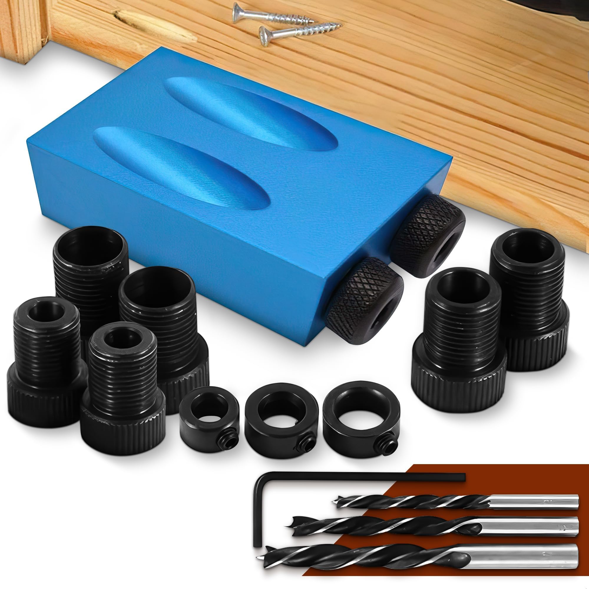 Premium Pocket Hole Jig Kit - 15° Angle Drill Guide for Straight & Angled Holes | Woodworking Screw Jig with Shelf Hole Guide | Perfect for DIY Furniture, Cabinets & Home Improvement Projects