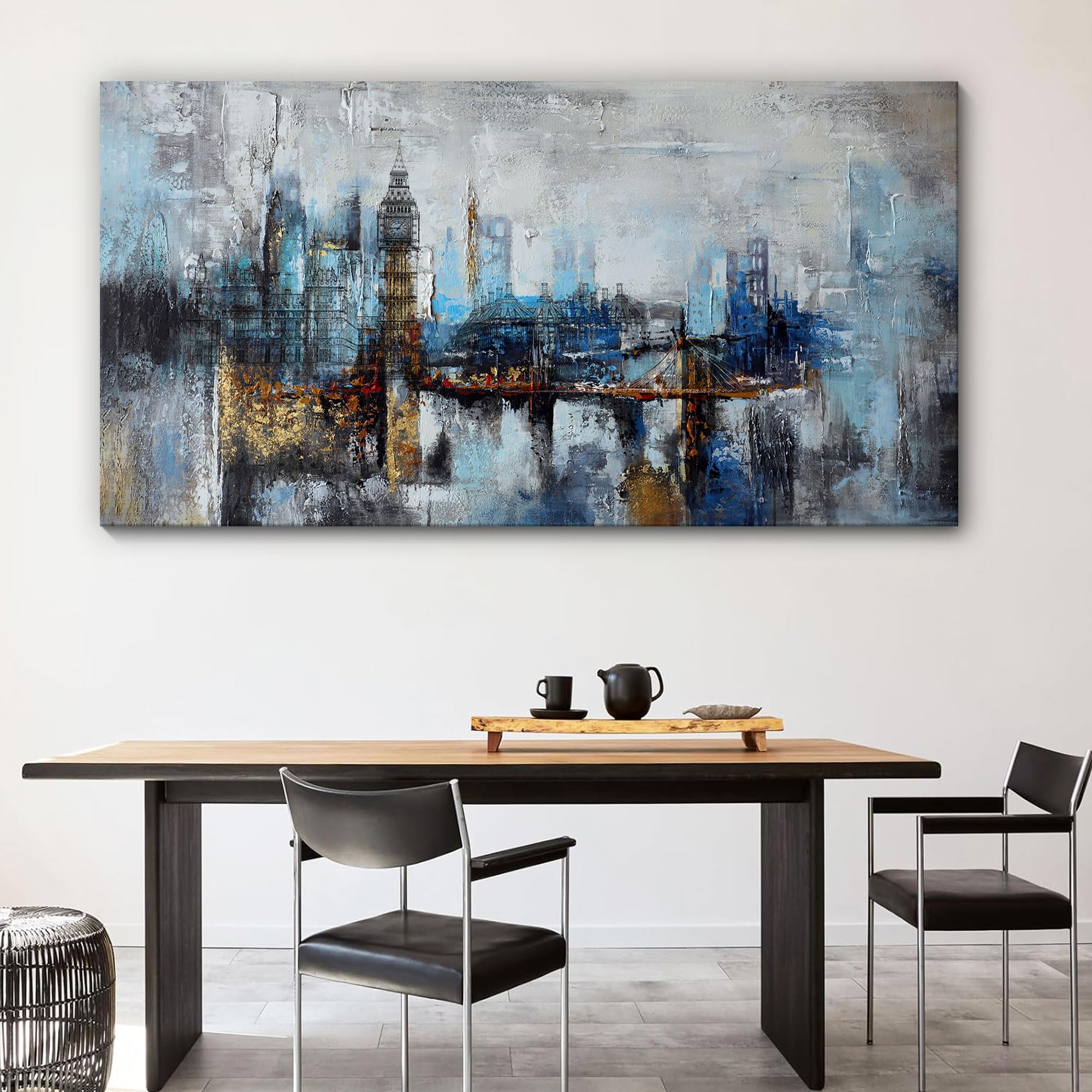Large Abstract City View Canvas Wall Art - Modern Gray Blue Buildings Print for Bedroom, Living Room & Office Decor - 29x58 Inches - Perfect for Contemporary Home & Workspace Styling