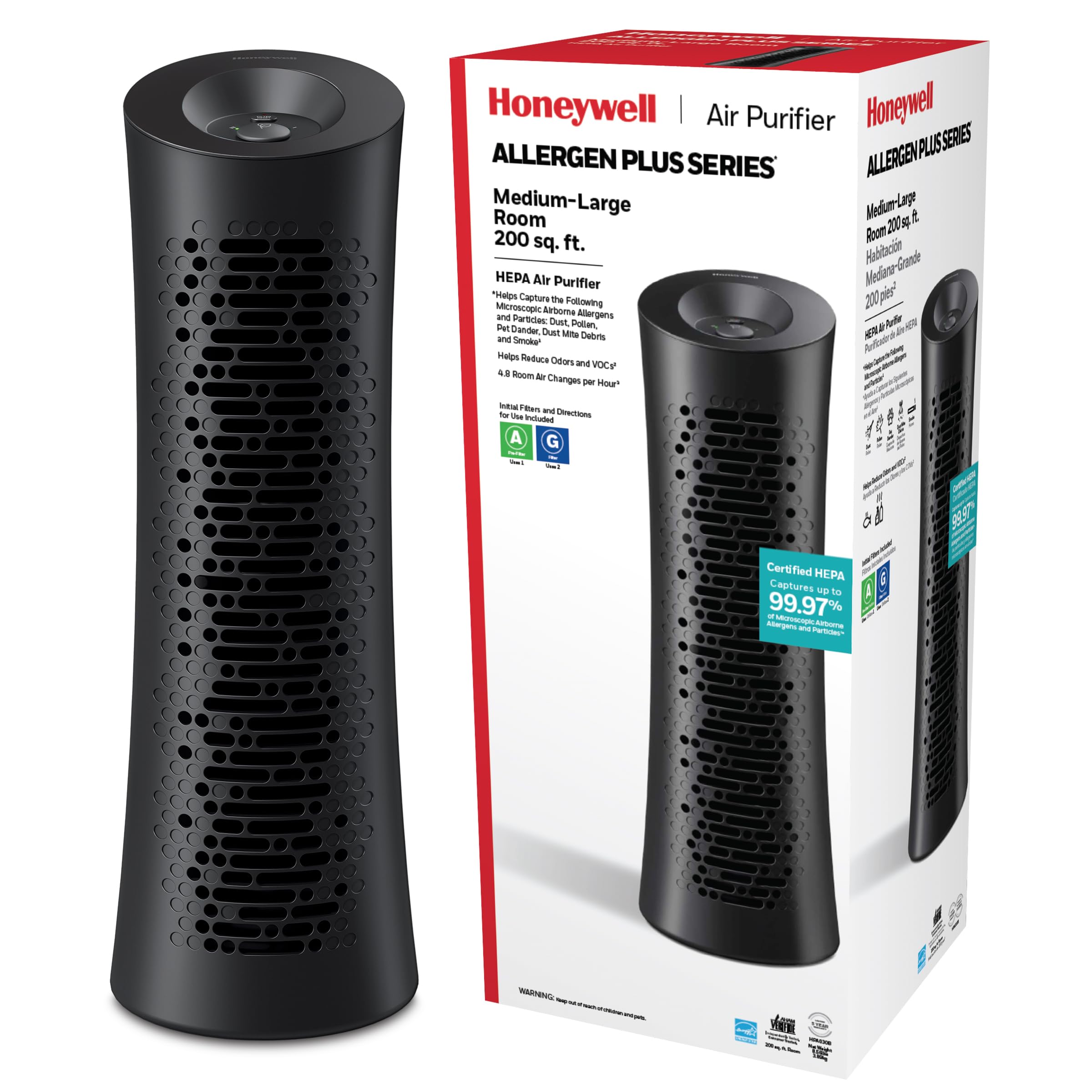 Honeywell HEPA Tower Air Purifier for Large Rooms up to 200 sq ft - Removes Wildfire Smoke, Pollen, Pet Dander & Dust - Allergen Reducer Air Cleaner for Home & Office (Black) | Perfect for Allergy Sufferers & Smoke Relief