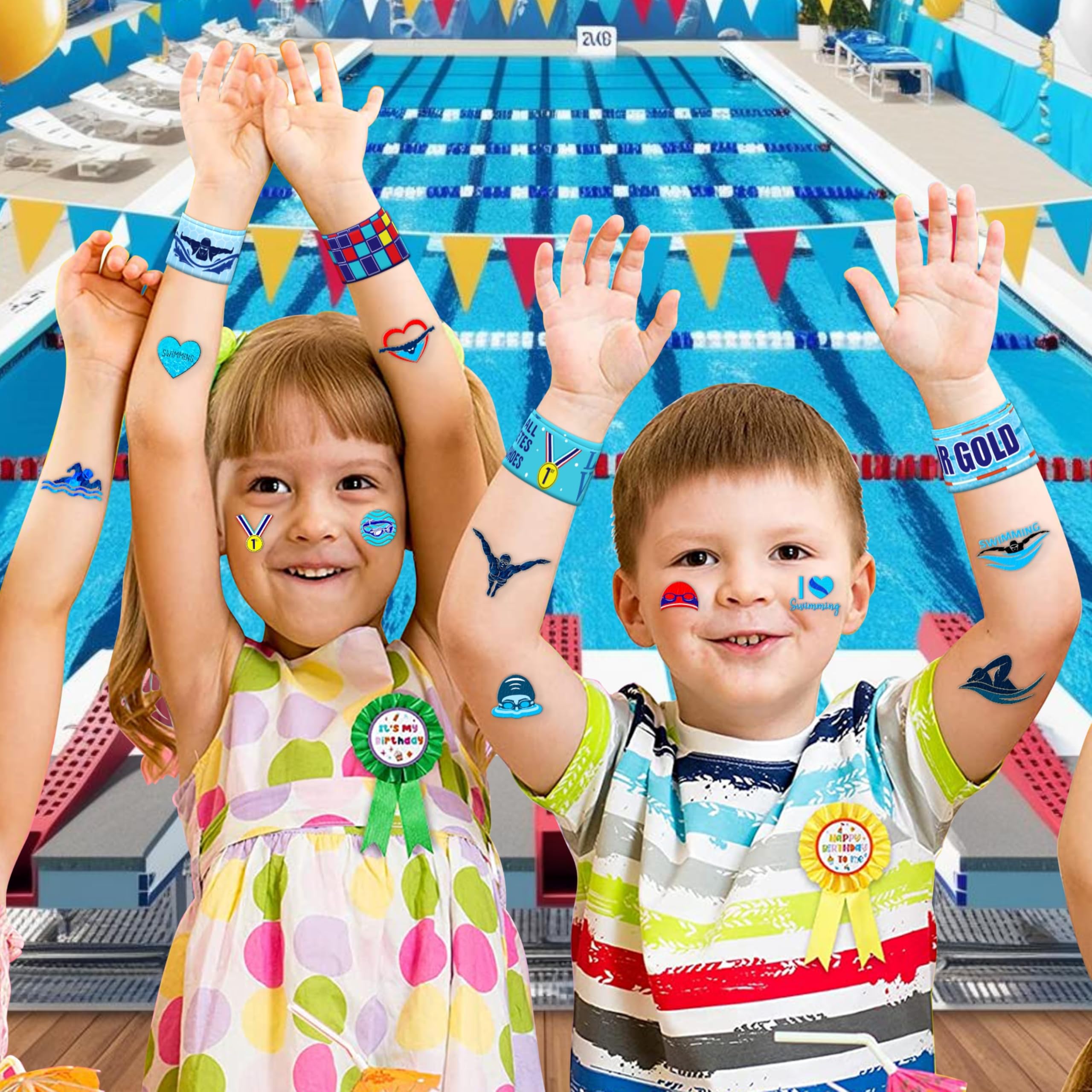 48PCS Waterproof Temporary Tattoos & Slap Bracelets Set - Fun Swimming Party Supplies for Kids, Perfect for Pool Parties, Birthday Gifts, Baby Showers & Classroom Rewards (24 Tattoos + 24 Bracelets) - Great Decorations for Boys and Girls
