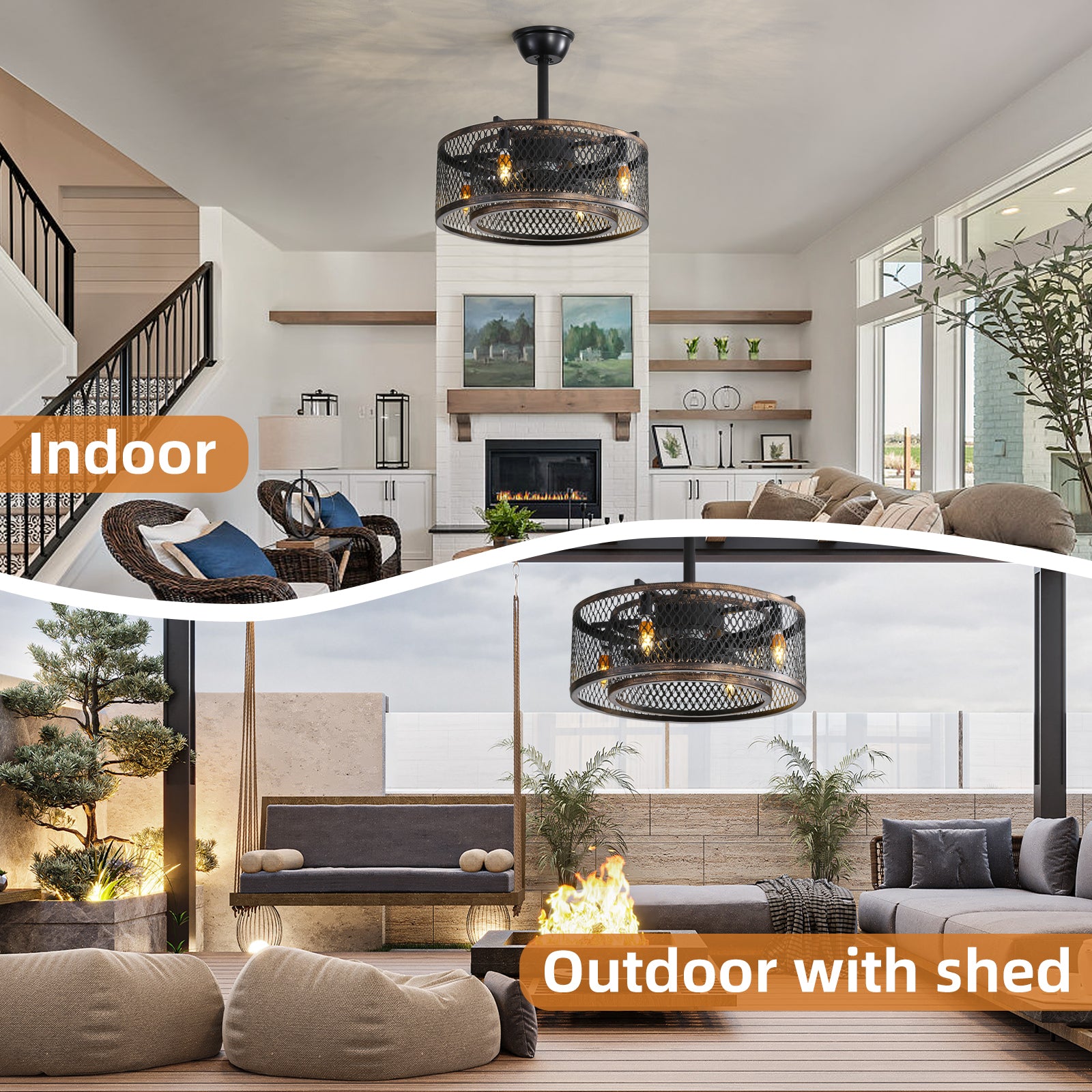 20 Inch Caged Ceiling Fan with LED Lights - Modern Indoor/Outdoor Ceiling Fan with Remote Control - Perfect for Bedroom, Living Room, Patio and Covered Porch