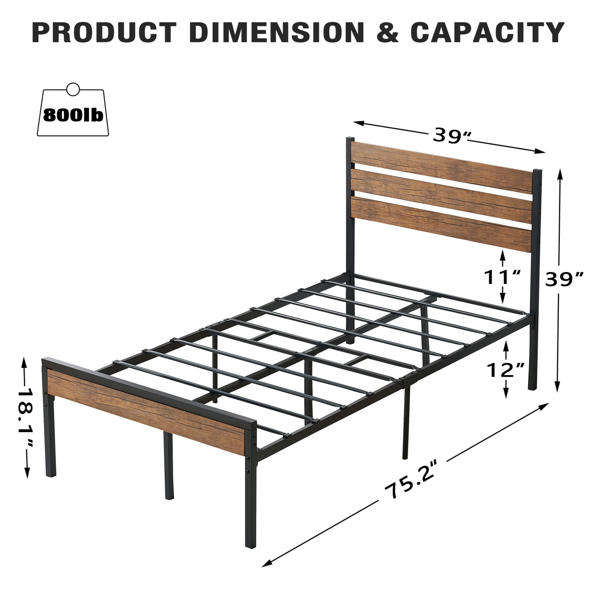 Alkmaar Twin Size Bed Frame with Wooden Headboard & Metal Slats - Sturdy Platform Bed with Underbed Storage Space, No Box Spring Required - Black Modern Bedroom Furniture for Small Spaces & Guest Rooms