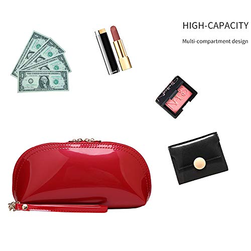 ZLMBAGUS Fashion Cosmetic Bag - Patent Leather Makeup Pouch with Wristlet & Zipper - Travel Organizer for Makeup, Jewelry & Coins - Stylish Red Clutch for Women's Daily Use & Special Occasions