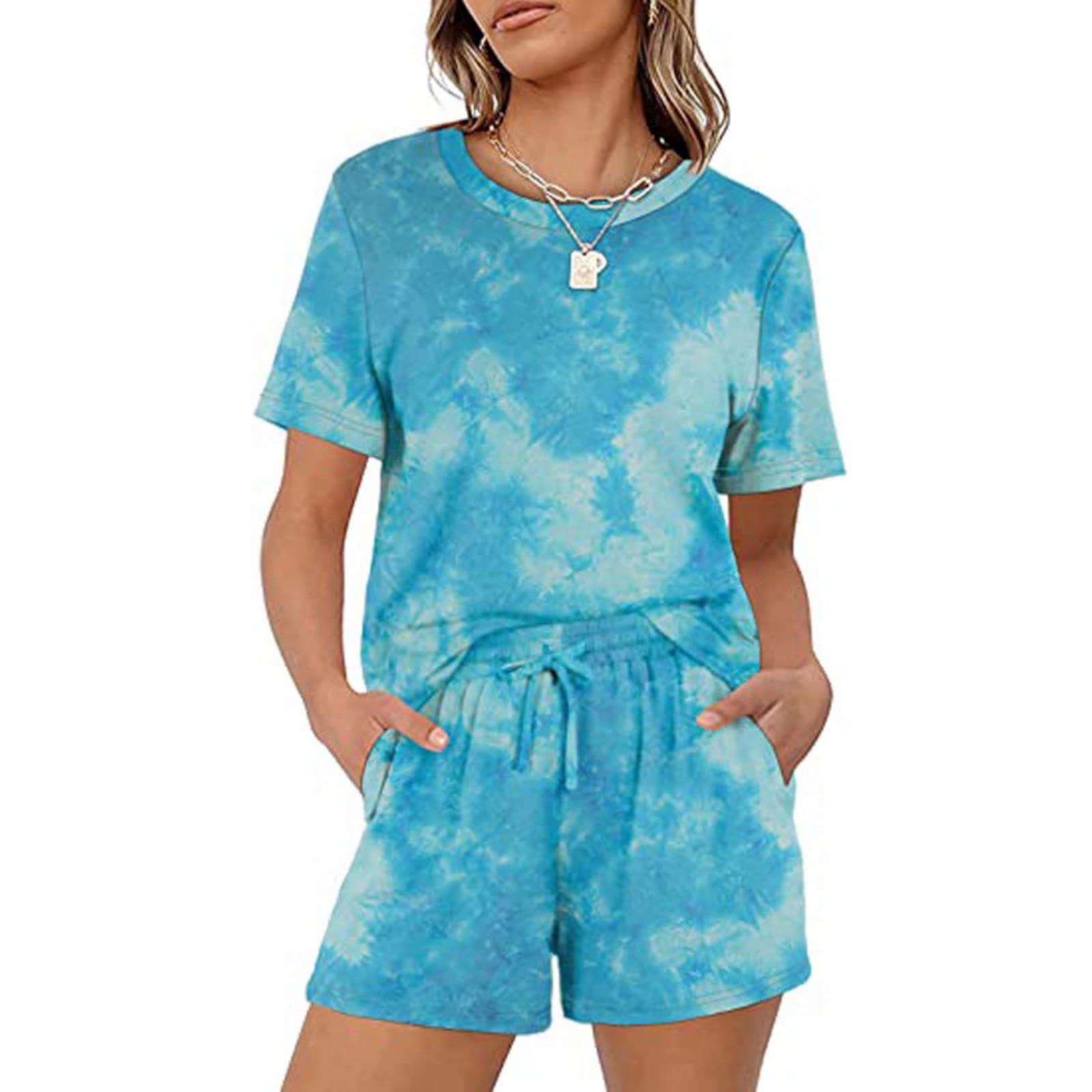 Women's Casual Summer Two-Piece Outfit Set - Printed Short Sleeve Top & Lounge Shorts with Pockets | Comfortable Tracksuit for Home, Beach & Vacation