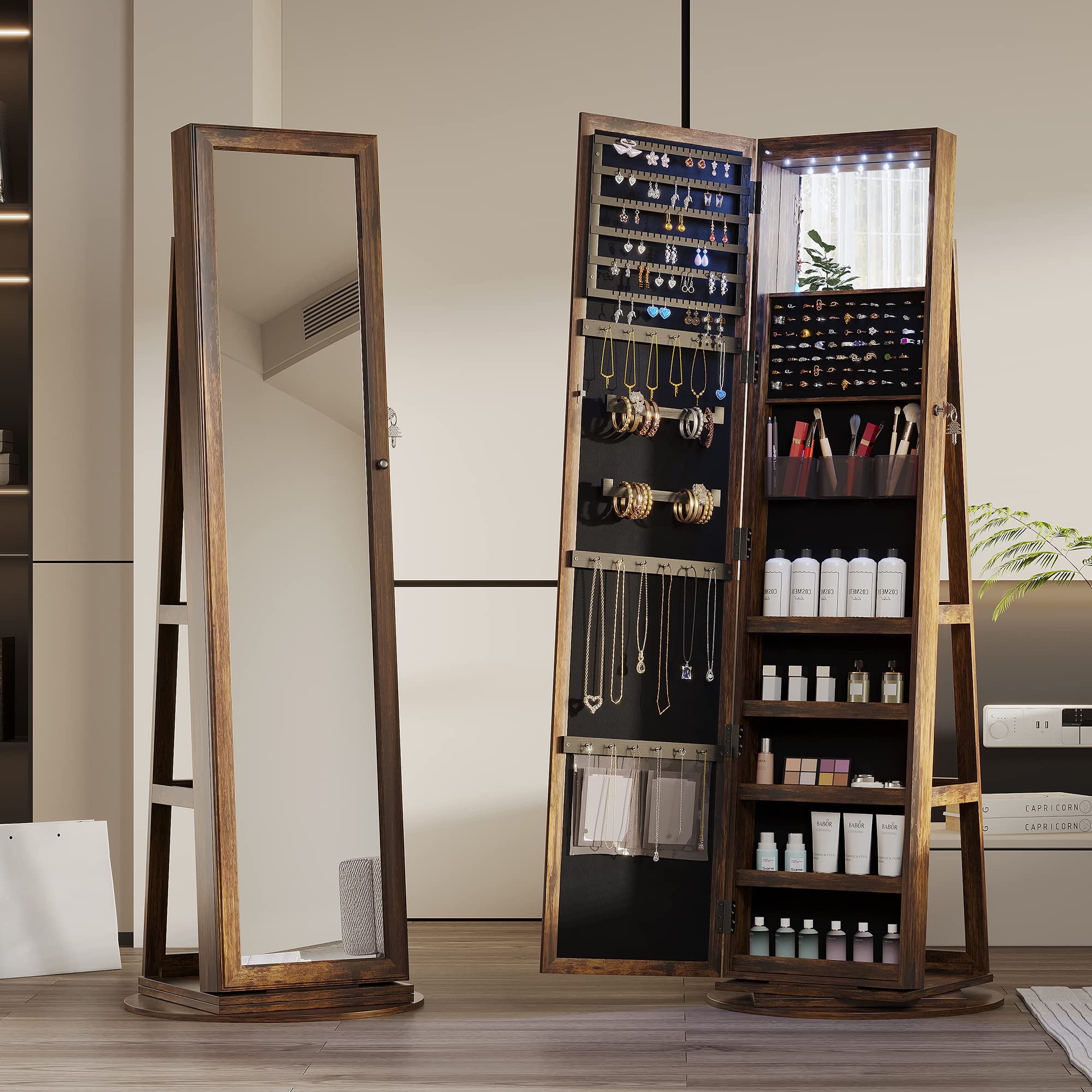 Full Length Mirror Jewelry Armoire with LED Lights - Lockable Standing Jewelry Cabinet with 360° Swivel Mirror & Storage Organizer for Women & Girls | Perfect for Bedroom, Dressing Room & Gift Giving