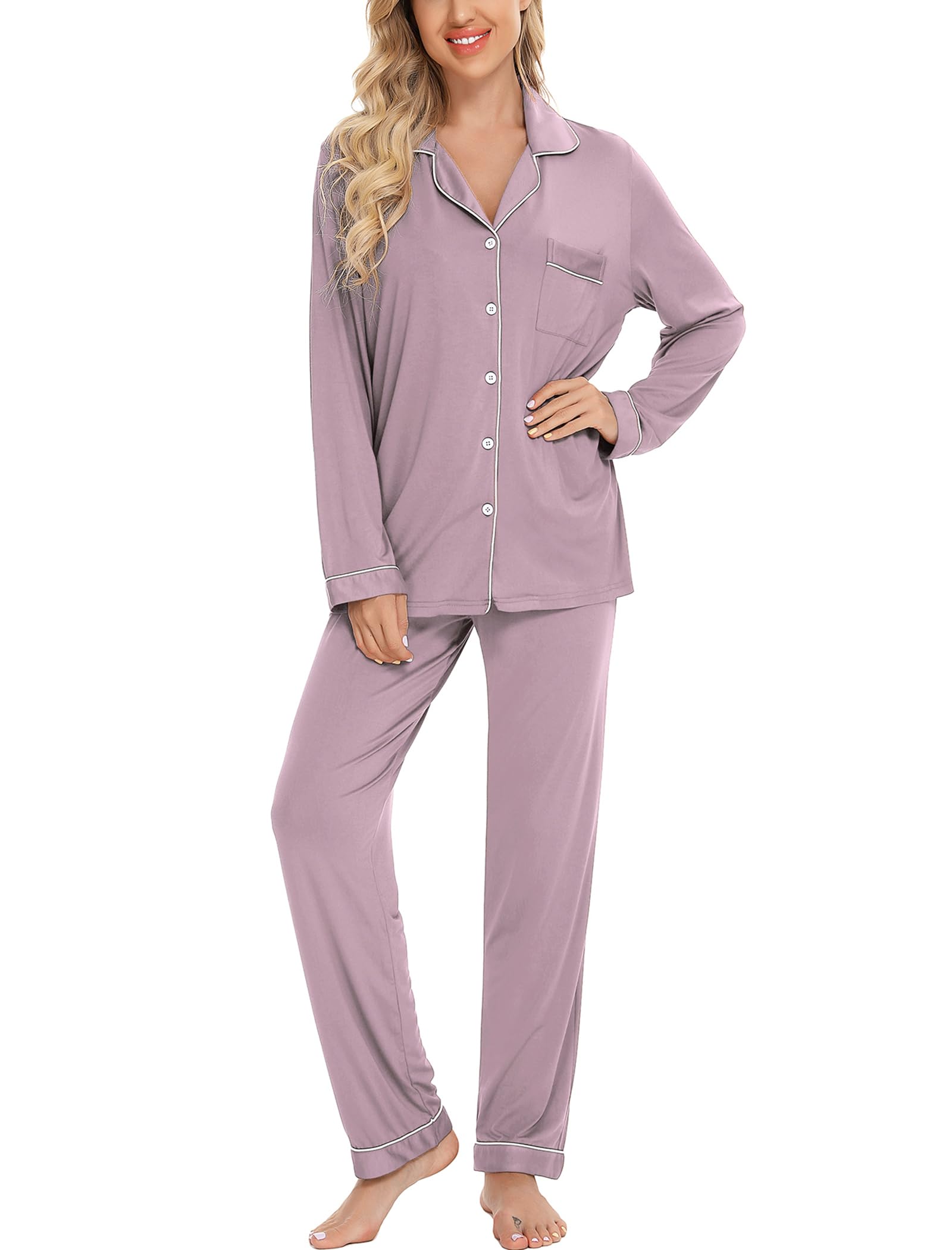 Leikar Women's Soft Button Up Pajama Set - Long Sleeve Shirt & Lounge Pants | Cozy Sleepwear for Nighttime & Relaxing at Home