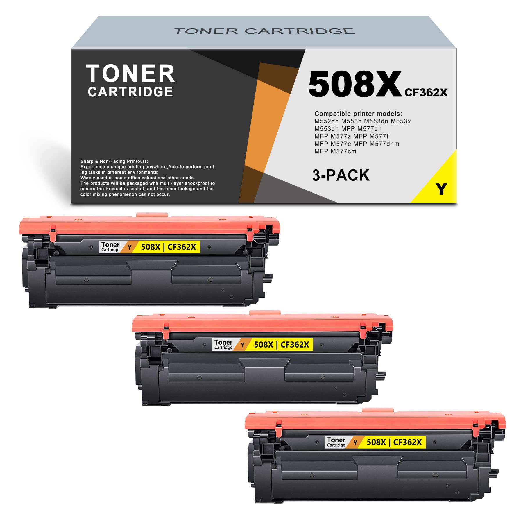 High Yield Yellow Toner Cartridge (3 Pack) - Compatible with HP M553x M553dh M552dn M553n M553dn MFP M577 Series Printers - Replacement for CF362X 508X - Perfect for Office & Home Printing Needs