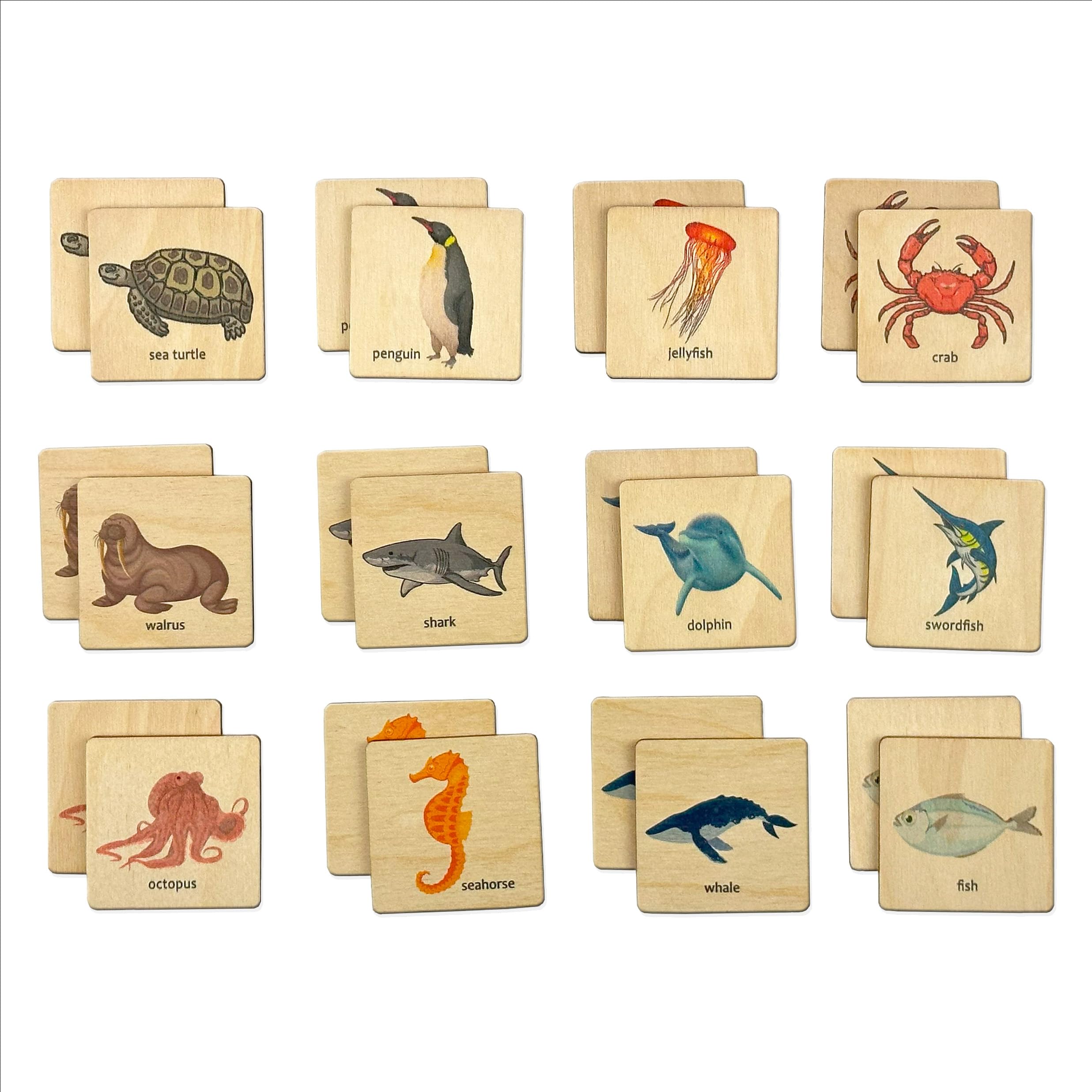 Montessori Wooden Ocean Animals Memory Matching Game - Educational Marine Life Learning Toys for Toddlers & Preschool Kids - Perfect for Montessori Classroom, Birthday Gifts & Early Childhood Development (4.5x4.5cm)