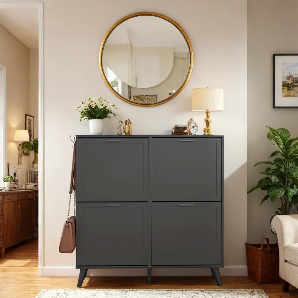 Large Black Shoe Cabinet for Size 16 Shoes - Freestanding 4-Drawer Shoe Organizer with Flip Doors - Narrow Wooden Shoe Rack for Entryway, Closet & Living Room - Perfect for Small Spaces and Shoe Storage Solutions