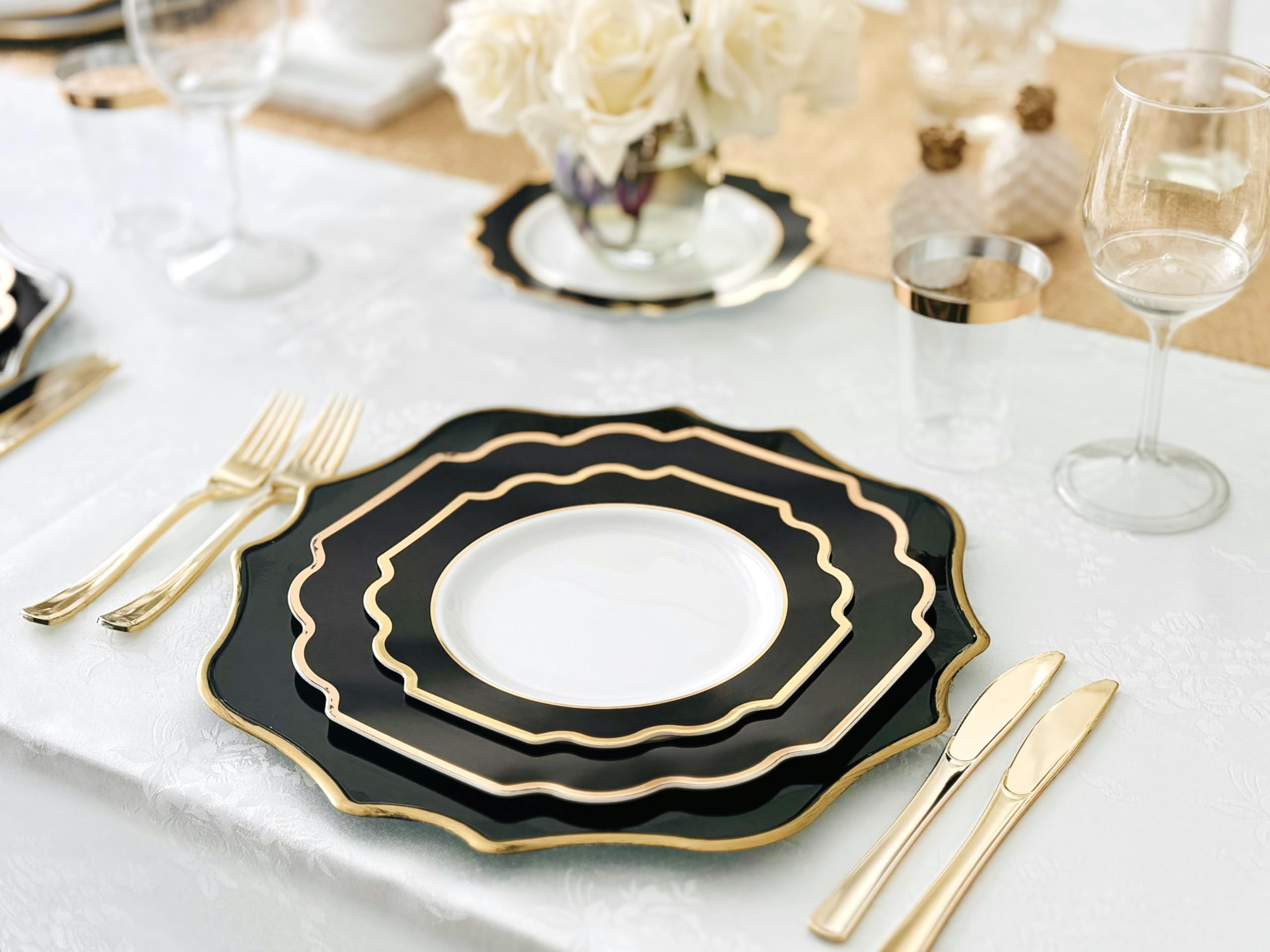 320-Piece Heavyweight Disposable Plastic Plate Set for Weddings & Parties - 40 x 10.5'' Dinner Plates, 40 x 8'' Dessert Plates, Silverware, Cups & Napkins (White, Black & Gold) - Elegant Tableware for 40 Guests, Perfect for Wedding Receptions, Bridal Showers & Special Events