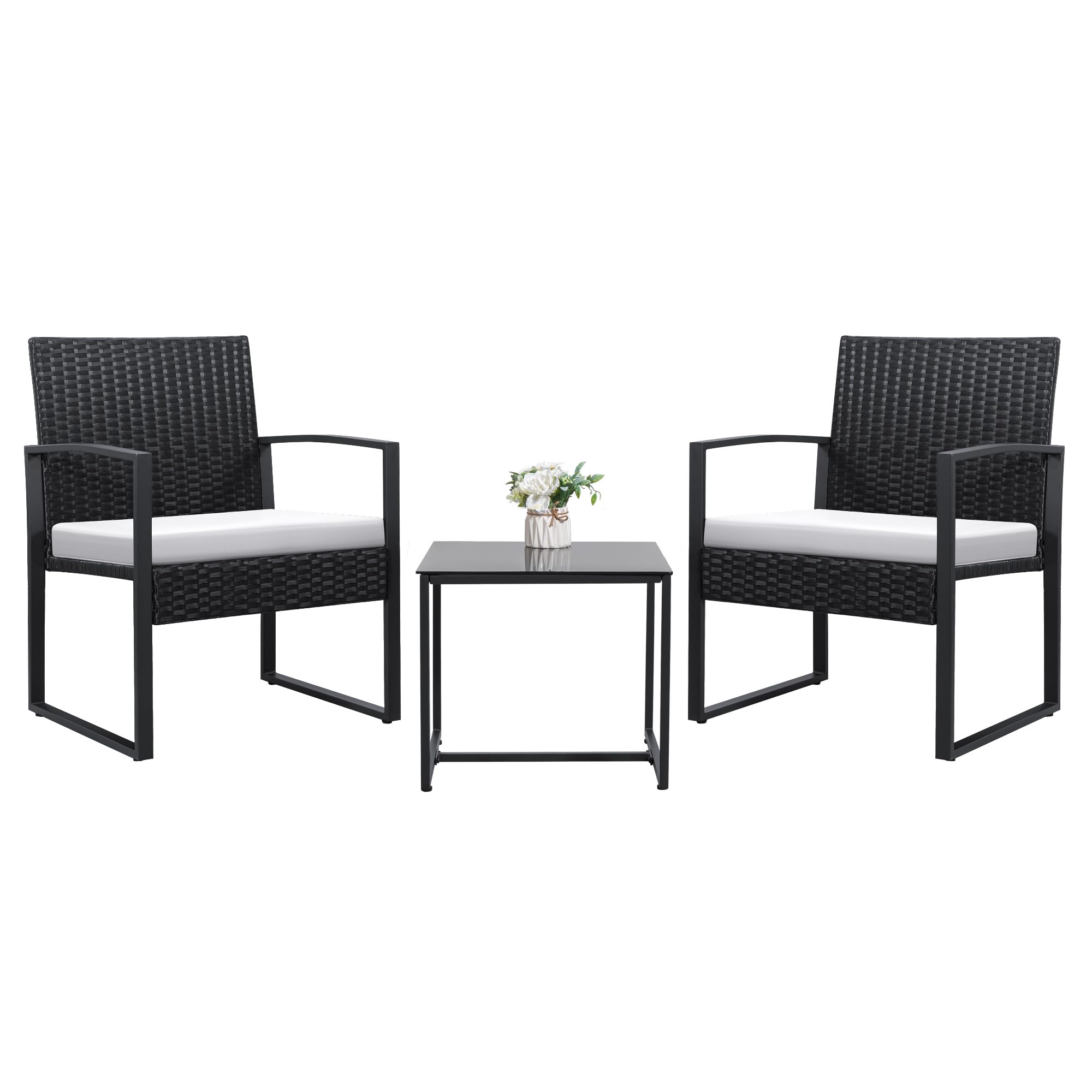 Devoko 3-Piece White Wicker Patio Set - Outdoor Rattan Furniture with Coffee Table & Cushions - Conversation Set for Balcony, Porch, Garden or Bistro - Perfect for Relaxing & Entertaining Outdoors
