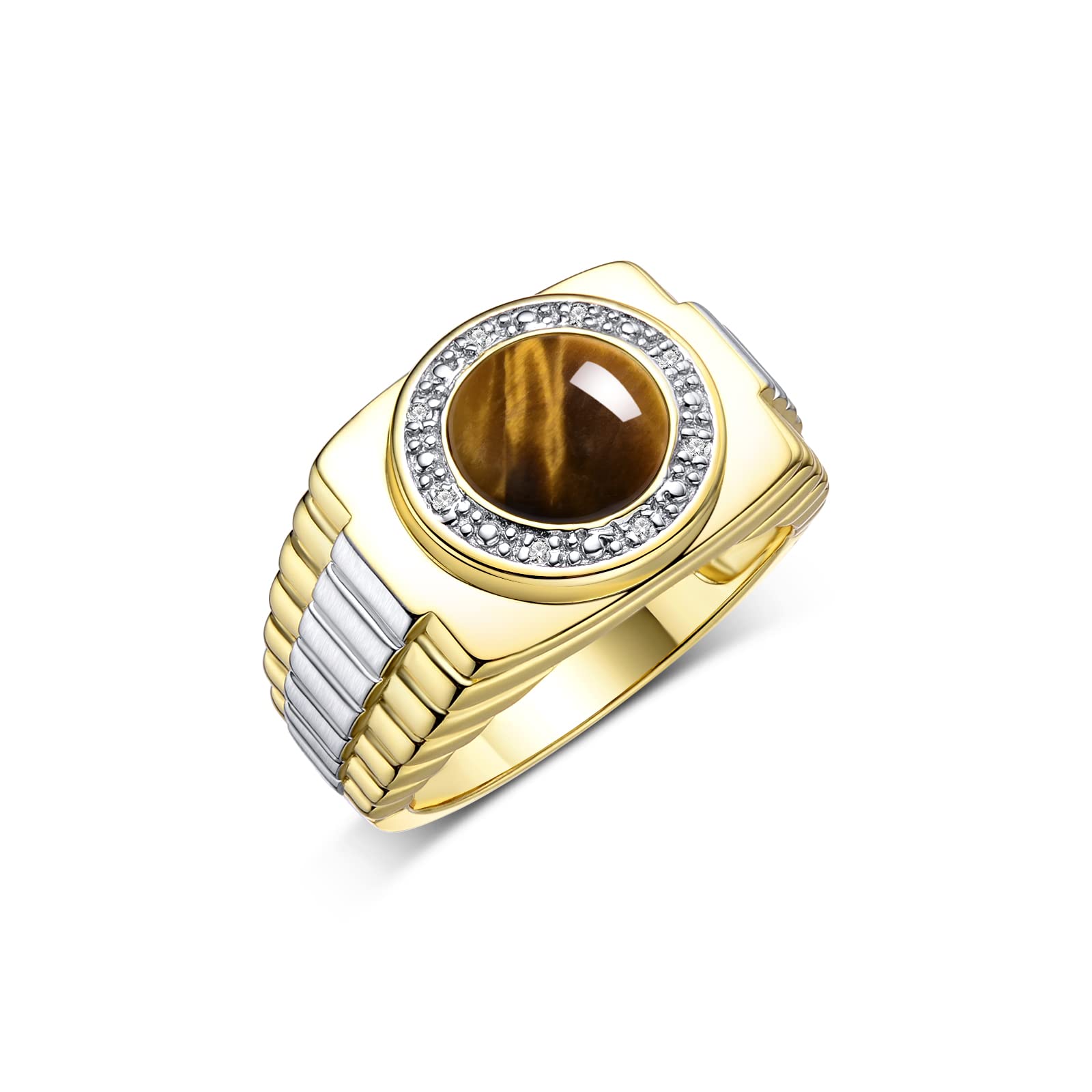 Rylos Men's Designer Rings - Round Cabochon Gemstone & Diamond Yellow Gold Plated Silver Ring (Sizes 8-13) | Elegant Men's Jewelry for Weddings, Parties & Special Occasions