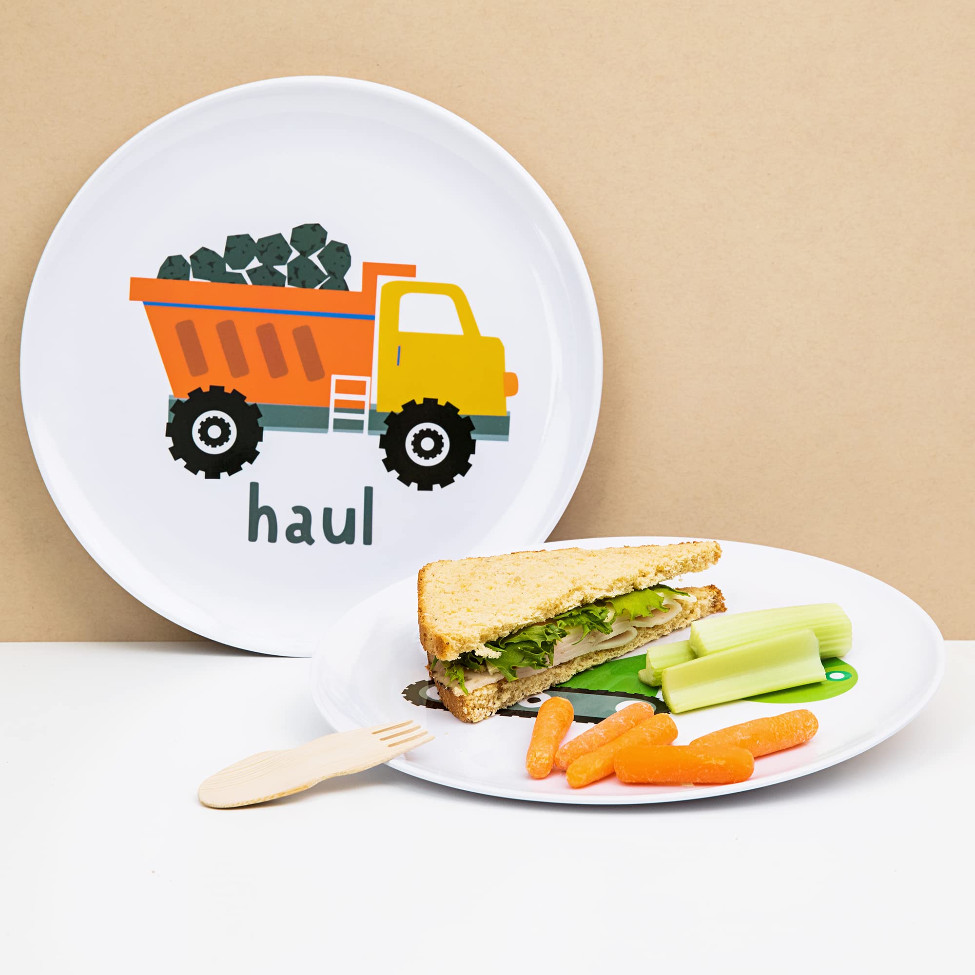 Tiny Expressions - 4-Piece Construction Themed Toddler Plates Set - Melamine Kids Dinnerware with Excavator, Cement Mixer, Bulldozer & Dump Truck Designs - Durable Plastic Plates for Boys & Girls - Perfect for Birthday Parties, Daycare Meals & Fun Family Dinners