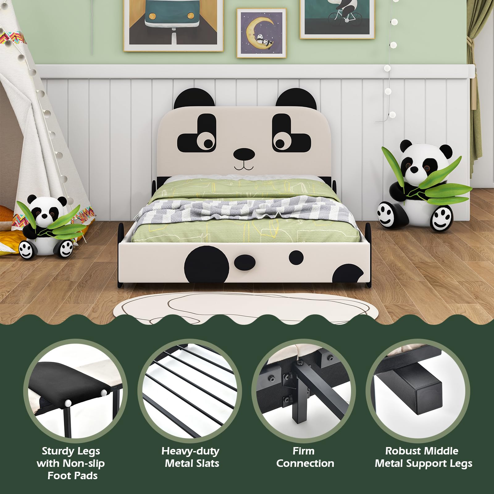 Costzon Twin Bed Frame for Kids - Sturdy Metal Platform with Slat Support & Padded Headboard, No Box Spring Needed, Easy Assembly (Cute Panda Design) | Perfect for Kids' Bedroom, Guest Room & Small Spaces