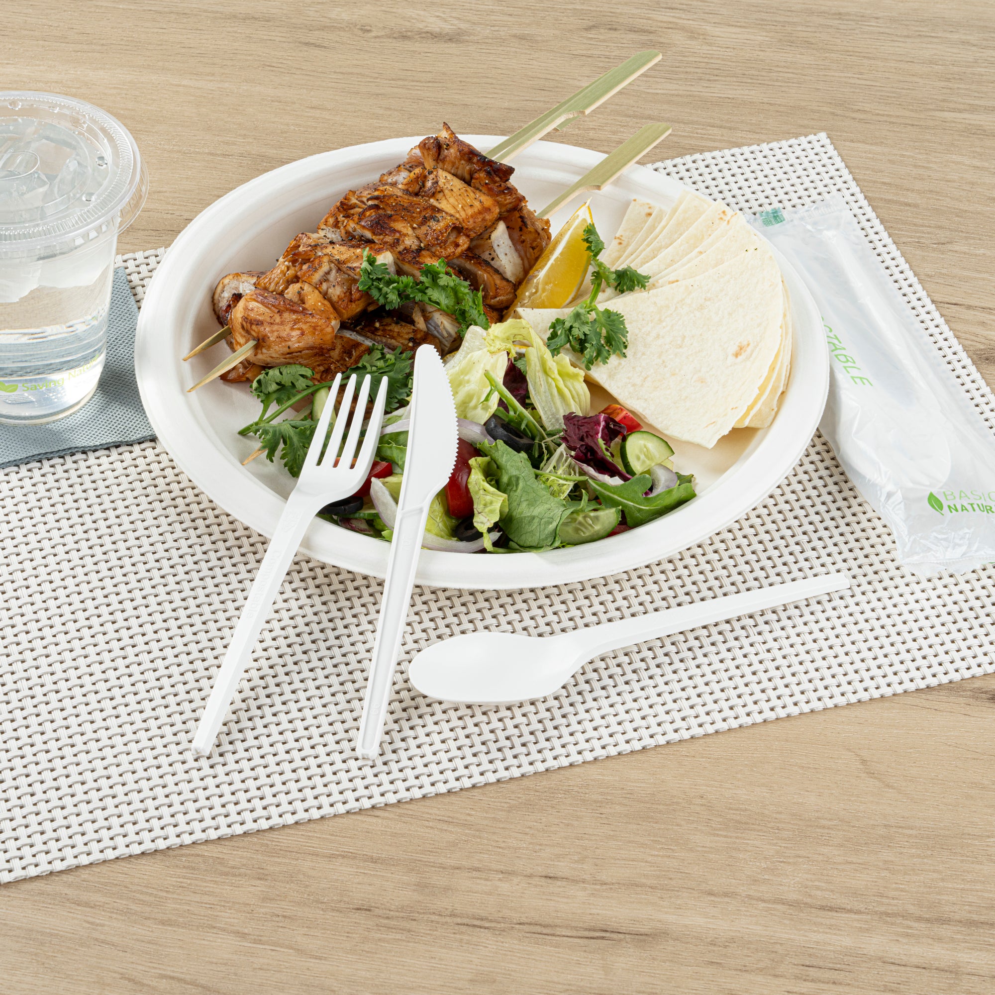 Eco-Friendly Compostable CPLA Plastic Cutlery Set - 100-Piece White Utensils with Heat-Resistant Compostable Wrapper (6.5