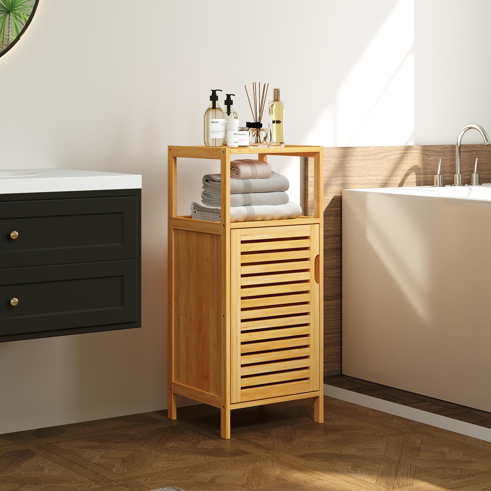 Kinborbaby Small Bathroom Storage Cabinet - Bamboo Bathroom Organizer with 3 Shelves, Narrow Floor Cabinet for Towels & Toiletries, Space-Saving Bathroom Furniture for Apartments & Small Spaces