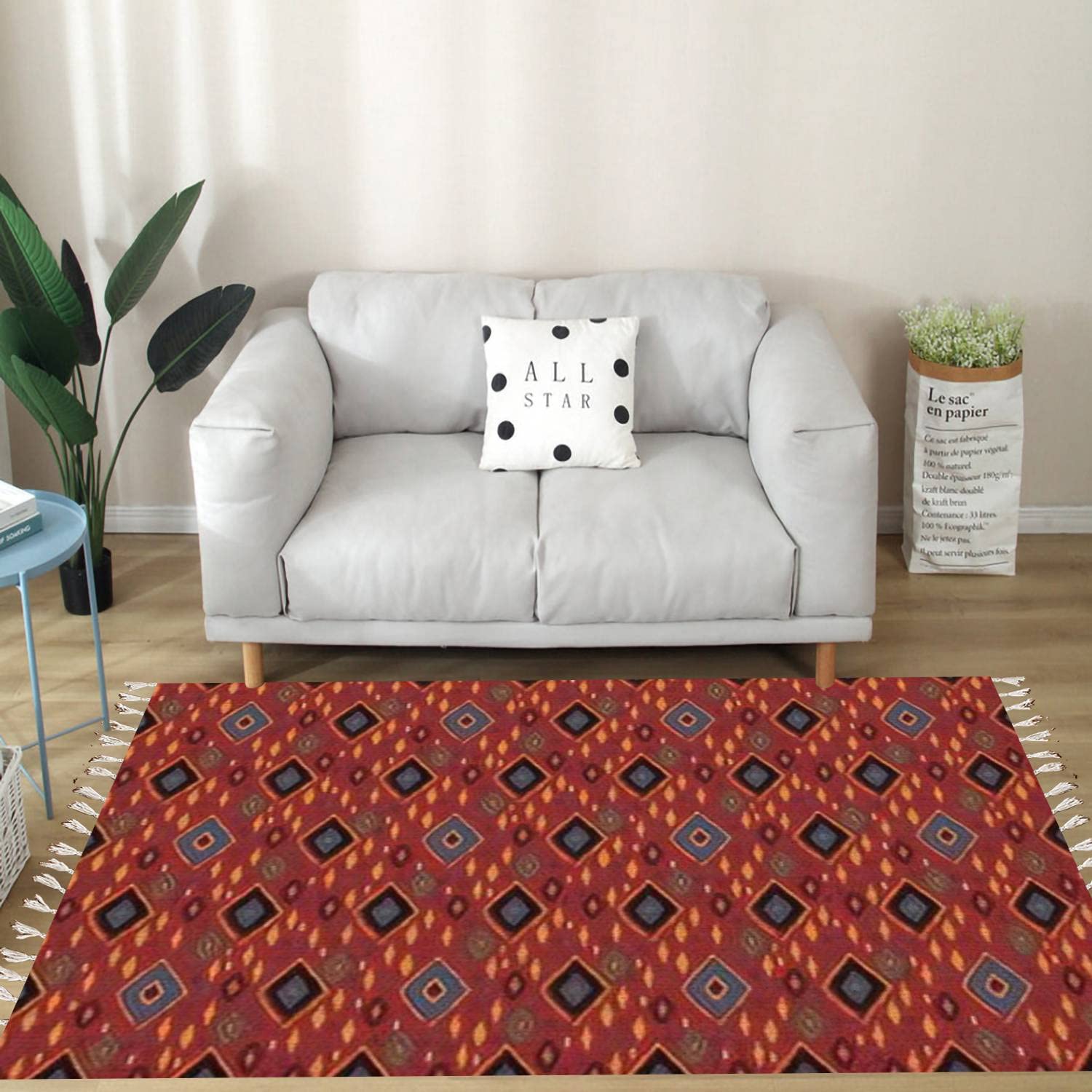 Vintage Cotton Linen Rug with Tassels - Ikat Stripes & Geometric Boho Design - Washable Woven Area Rug for Living Room, Bedroom, Kitchen, Bathroom Decor - Perfect for Bohemian, Tribal & Ethnic Home Style