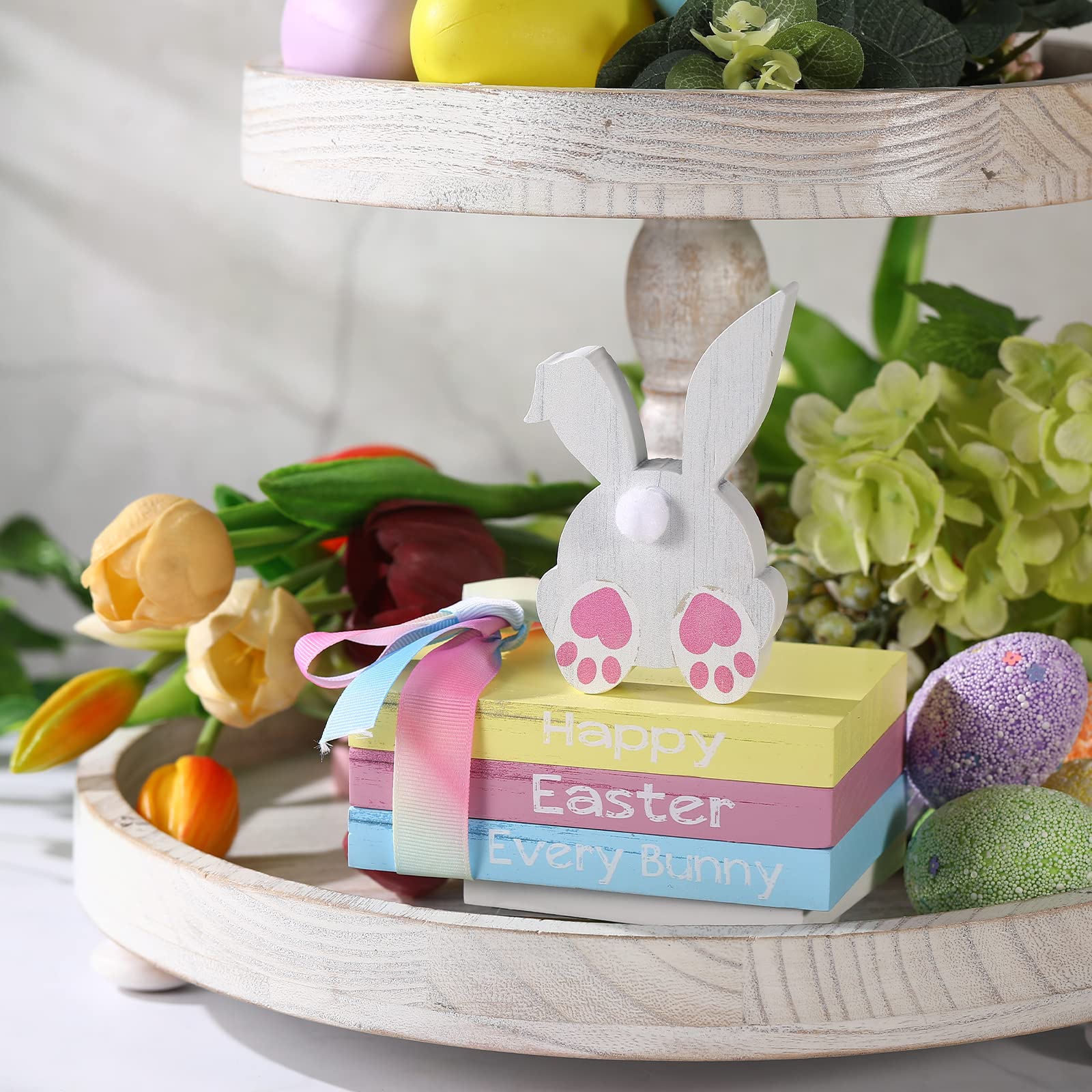 4-Piece Easter Table Decor Set - Happy Easter Bunny Wooden Signs, Farmhouse Wooden Blocks, Rustic Spring Decor for Tiered Trays, Fireplace & Living Room - Perfect for Easter Party, Home & Farmhouse Decorations
