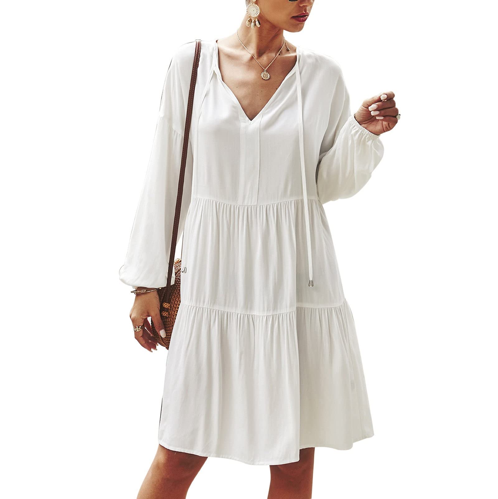 Vintage Ruffle Women's Dress - Ladies Puff Sleeve Oversized Casual Midi Sundress (White, XL) | Perfect for Beach Vacations, Summer Outings & Boho Chic Style