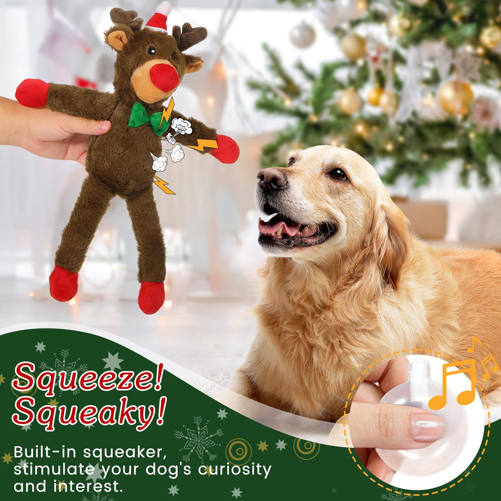 Christmas Squeaky Dog Toys - Xmas Reindeer Plush Chew Toy with Squeakers for Small & Medium Dogs | Puppy Teething Toy with Chew Guard | Holiday Pet Gift for Indoor Play & Training (Dark Brown)