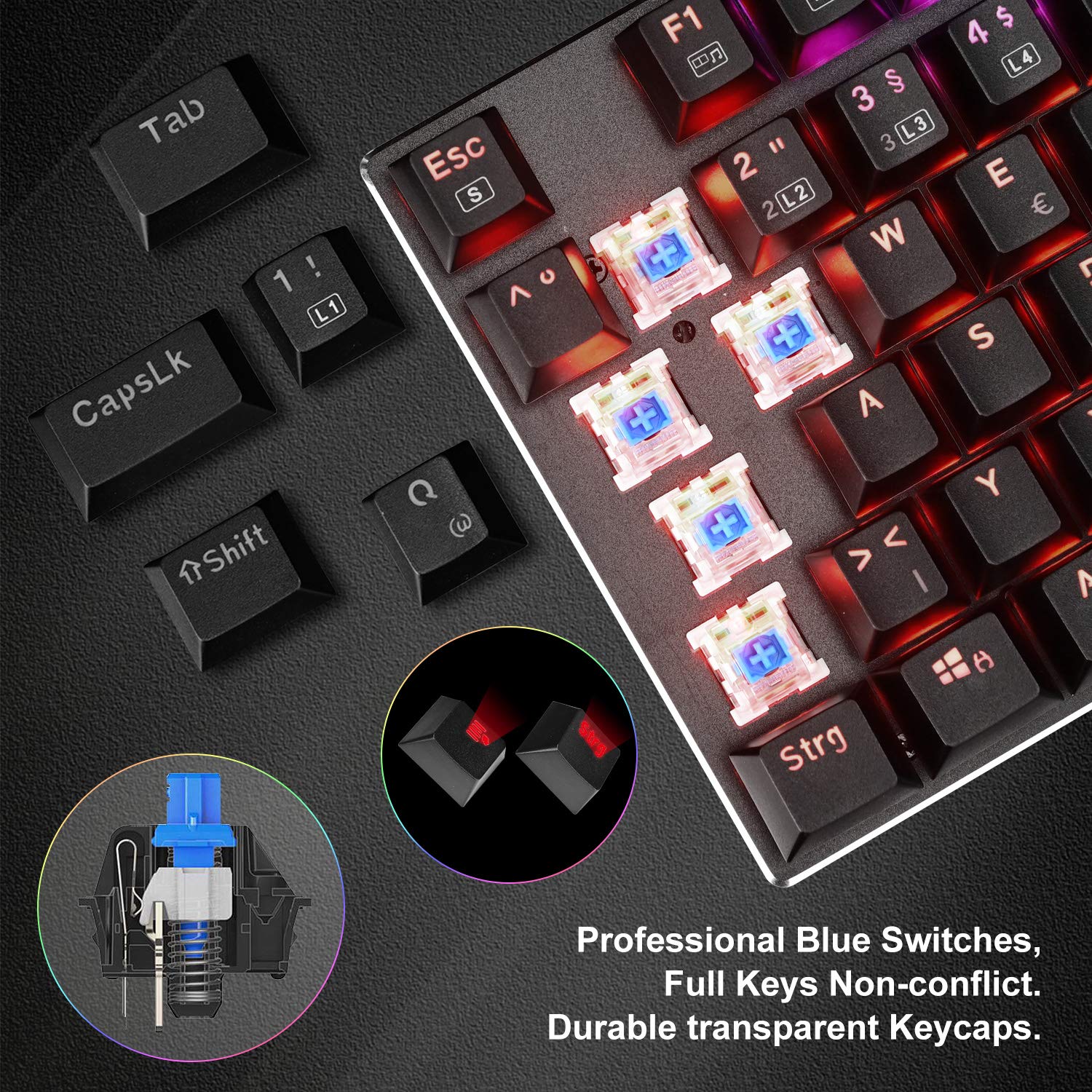 COVVY Mechanical Gaming Keyboard with 10 RGB Backlight Modes, Blue Switches, Waterproof, USB Plug & Play - German Layout for PC, Laptop Gamers (Windows XP/Vista/7/8/10) - Perfect for Esports, Streaming & Office Work