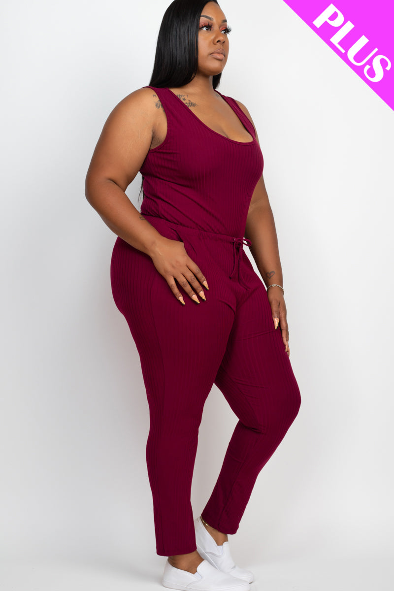Plus Size Ribbed Sleeveless Drawstring Jumpsuit for Women - Stretchy Comfortable Romper with Adjustable Waist - Perfect for Summer, Beach, Vacation & Casual Outings