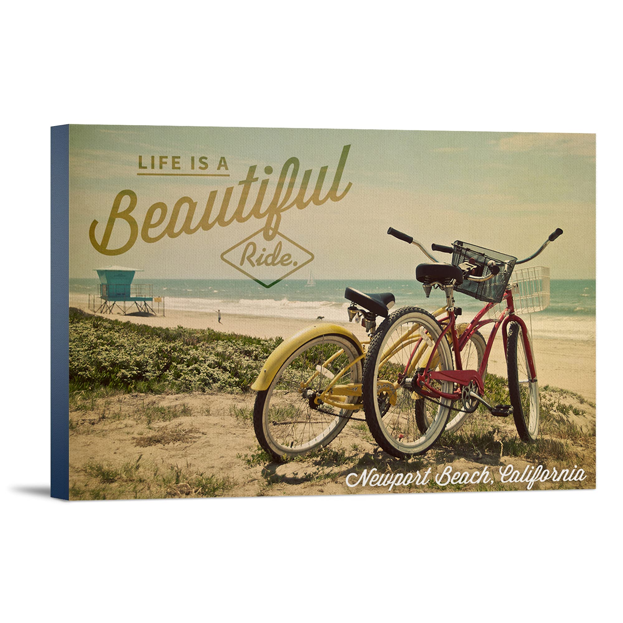 Newport Beach California Wall Art - Life is a Beautiful Ride Bicycle & Beach Scene Photograph Print - 36x24 Stretched Canvas for Living Room, Bedroom, Office Decor