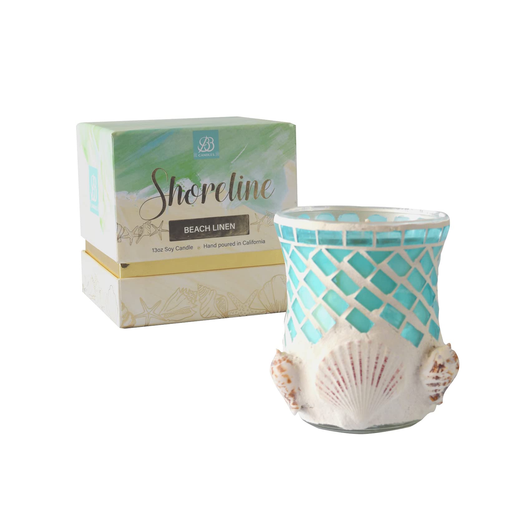 Hand-Poured Soy Candle with Seashell & Nautical Design - 13oz Luxury Home Decor Candle, 80+ Hour Burn Time, Beach Linen Scent - Perfect for Coastal Decor, Relaxation & Gift Giving