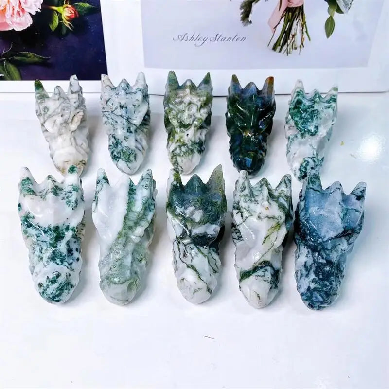 6.3CM Natural Moss Agate Dragon Skull Carved Crystal Statue - Healing Crystal for Feng Shui, Reiki Energy, Home & Office Decor - Unique Spiritual Gift for Meditation & Aesthetic Display (1pc)