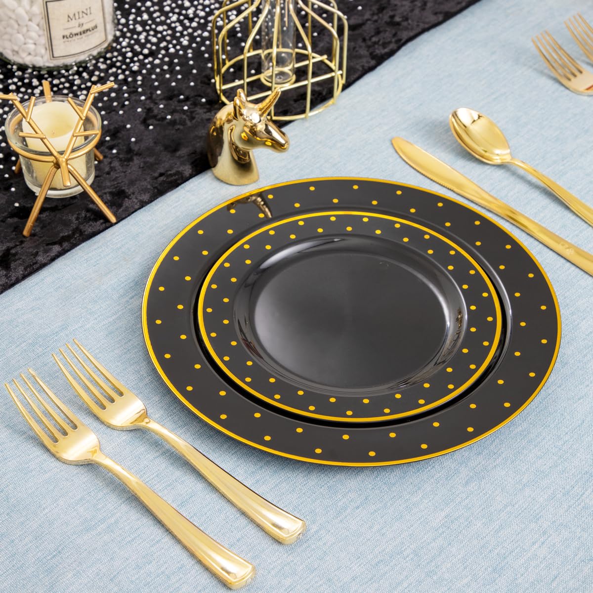 DaYammi 200-Piece Black and Gold Disposable Plastic Party Plates Set - Includes 40 Dinner Plates, 40 Dessert Plates, 40 Forks, 40 Knives & 40 Spoons - Elegant Tableware for Weddings, Birthdays, Anniversaries & Special Events