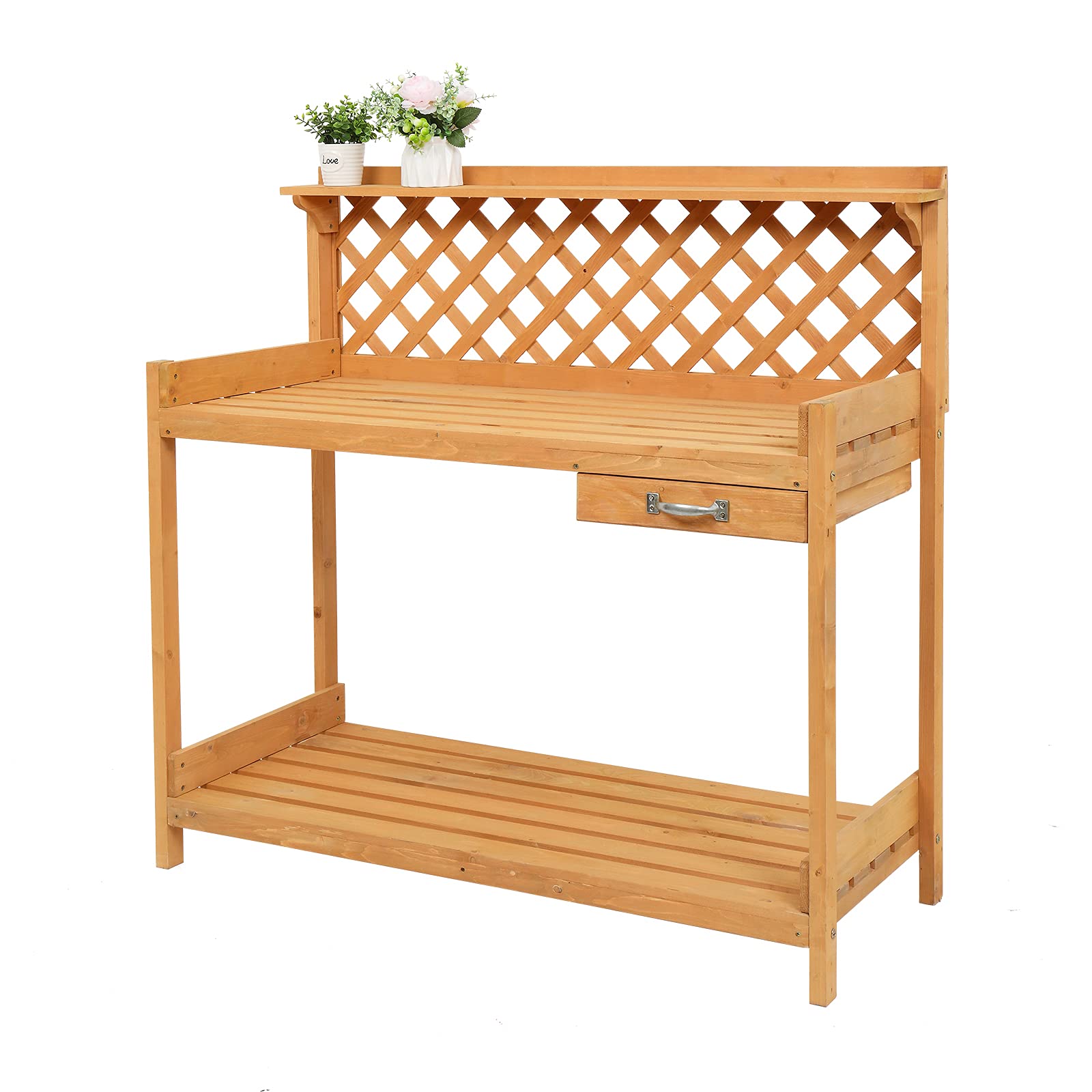 Kcelarec Wooden Garden Potting Bench with Sliding Drawer & PVC Mat - Heavy Duty Outdoor Workstation Table for Planting, Potting & Organizing Garden Supplies - Perfect for Backyard, Greenhouse & Gardening Enthusiasts