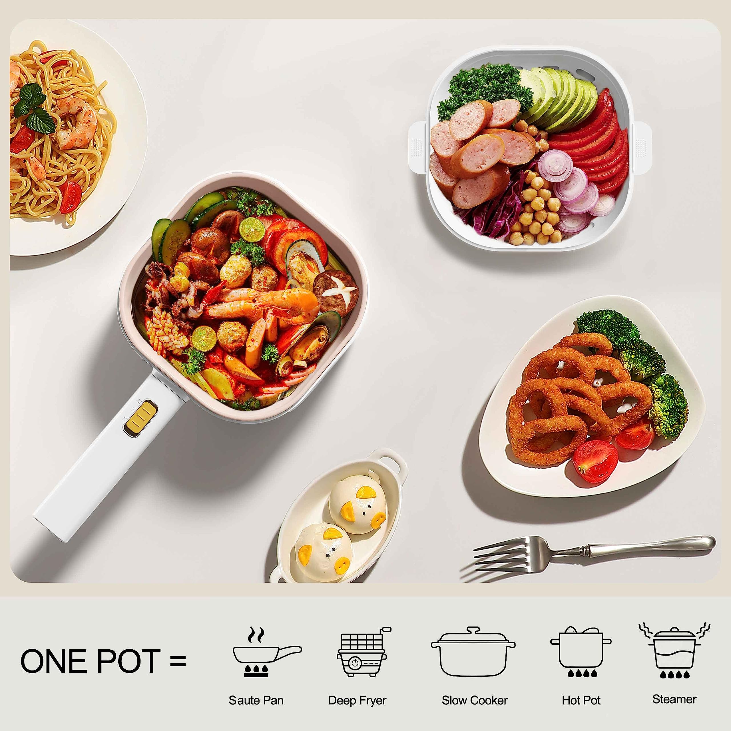 Electric Hot Pot with Steamer - 2L Non-Stick Multi-Cooker for Ramen, Soup & Oatmeal | Portable Induction Cooker with Adjustable Temperature for Dorm, Office & Travel | Perfect for Quick Meals, Camping & Small Spaces (Includes Silicone Spatula)