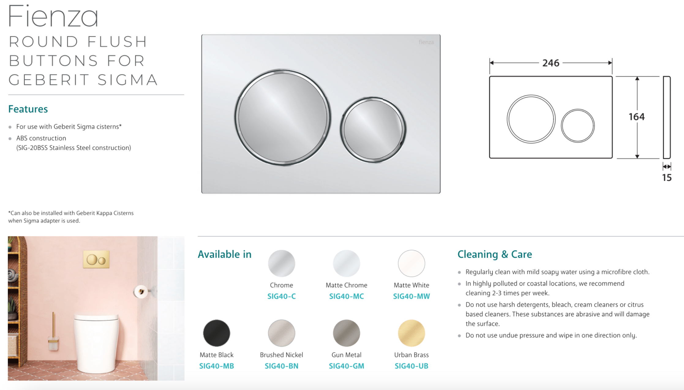 Fienza SIG40 C Round Flush Buttons for Geberit Sigma 40 - Chrome Plated Bathroom Push Button - Perfect for Modern Toilet and Bathroom Renovation Projects