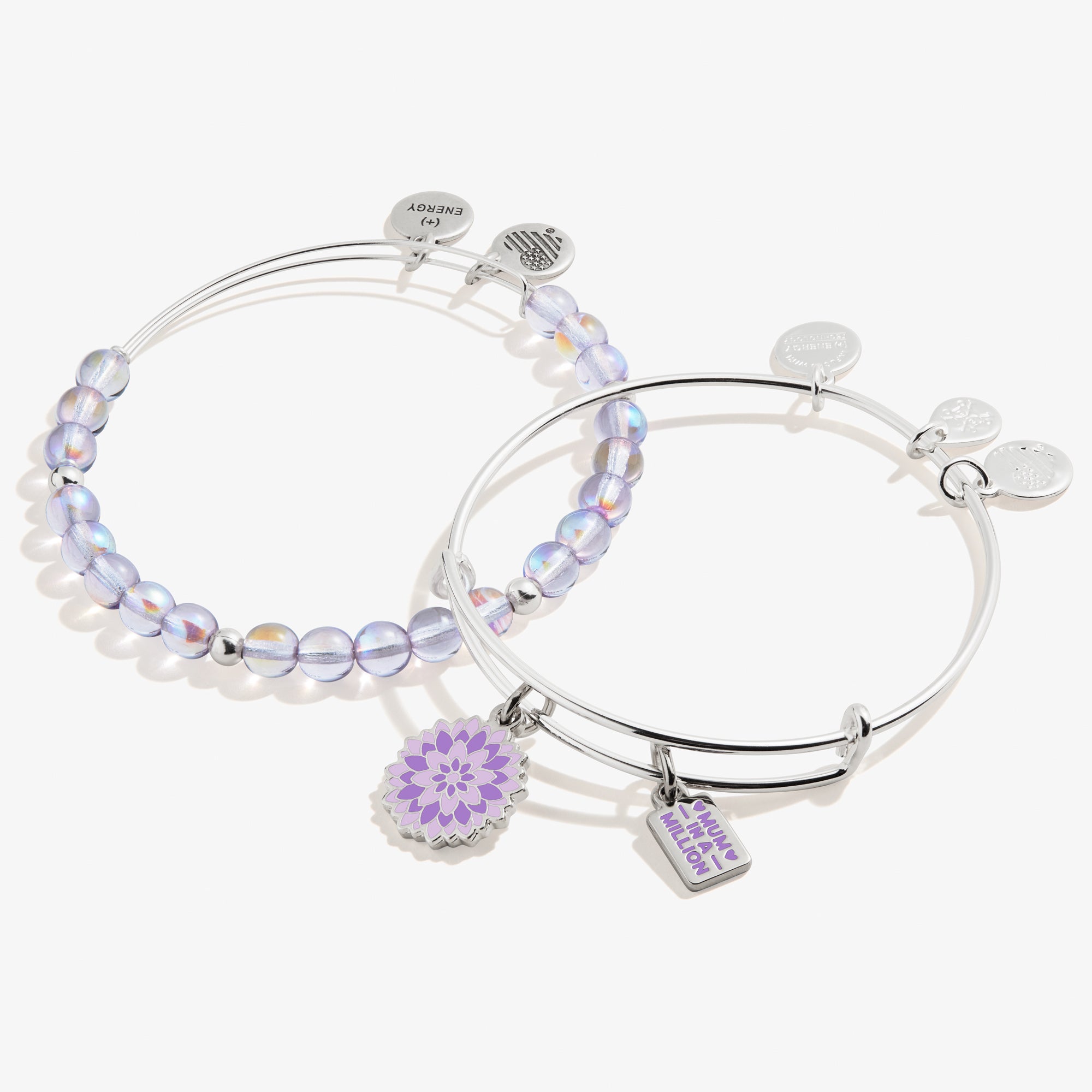 Stylish Purple Flower Duo Charm Bangle Set of 2 - Perfect Gift for Mom, Mother's Day & Special Occasions - Elegant Jewelry for Women