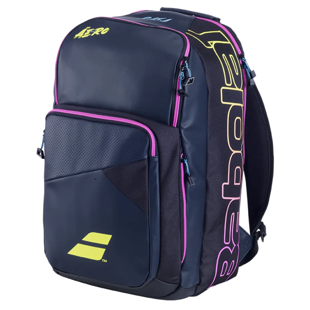 Babolat Pure Aero Rafa Origin Tennis Backpack - Blue/Yellow/Pink | Durable Sports Bag for Tennis Players & Fans | Perfect for Court, Gym & Travel