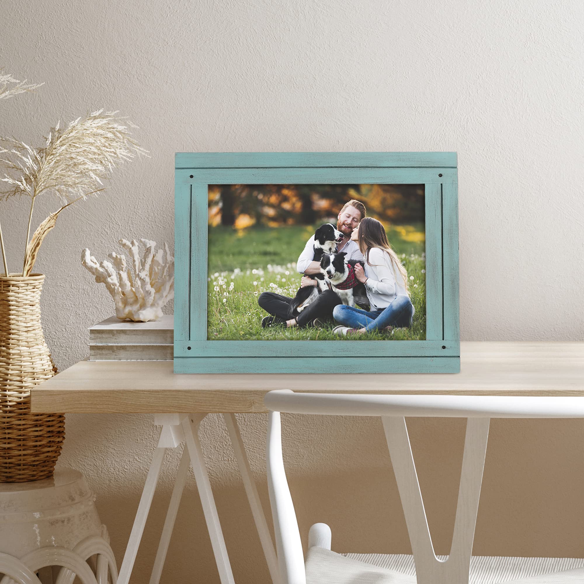 Americanflat 9x12 Distressed Wood Picture Frame - Turquoise Blue for Wall & Tabletop Decor