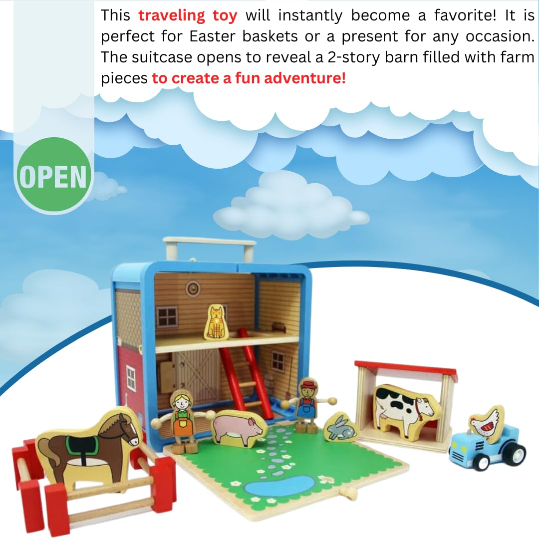 Eco-Friendly Bamboo Barnyard Suitcase Playset - 16-Piece Portable Farm Toy Set with Farmer, Animals & Tractor - Sustainable Travel Toys for Kids Ages 3+ | Perfect for Road Trips, Airplane Travel & Preschool Learning Activities