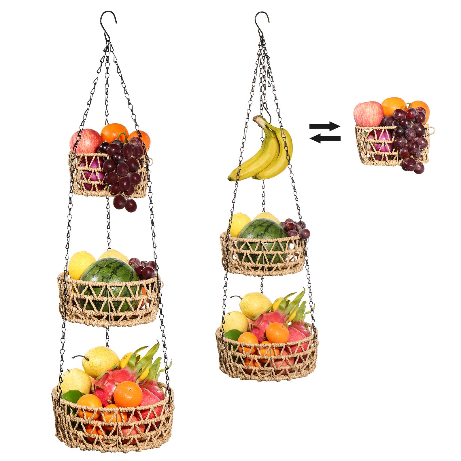 3-Tier Adjustable Hanging Fruit Basket - Woven Paper Rope Vegetable & Fruit Organizer with Chain - Macrame Kitchen Storage for Countertop Space Saving - Perfect for Small Kitchens, Pantries & Balcony Gardens (Beige)