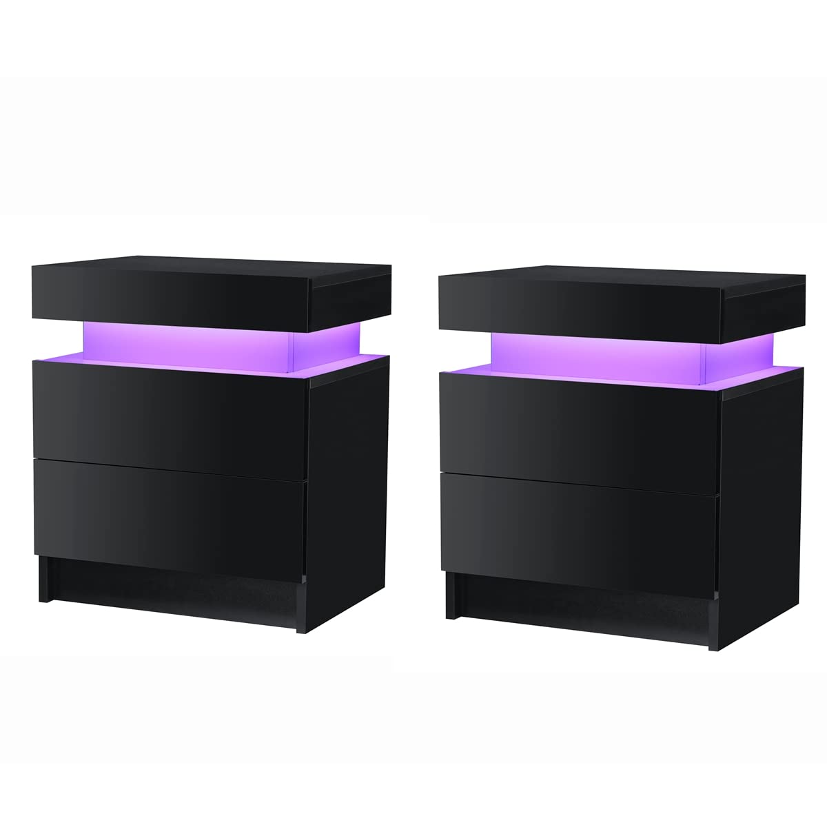 Hommpa LED Nightstand Set of 2 - Modern Matte Black Bedside Tables with High Gloss Drawers & Built-in LED Lights, 20.5