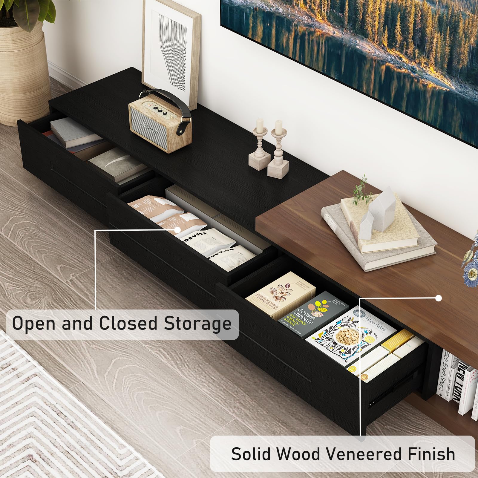Extendable TV Stand for 82-110 Inch TVs - Modern Wood Reversible TV Media Console with 3 Drawers - Entertainment Center for Living Room & Bedroom (Black & Walnut) - Perfect for Home Theater Setup & Space-Saving Storage