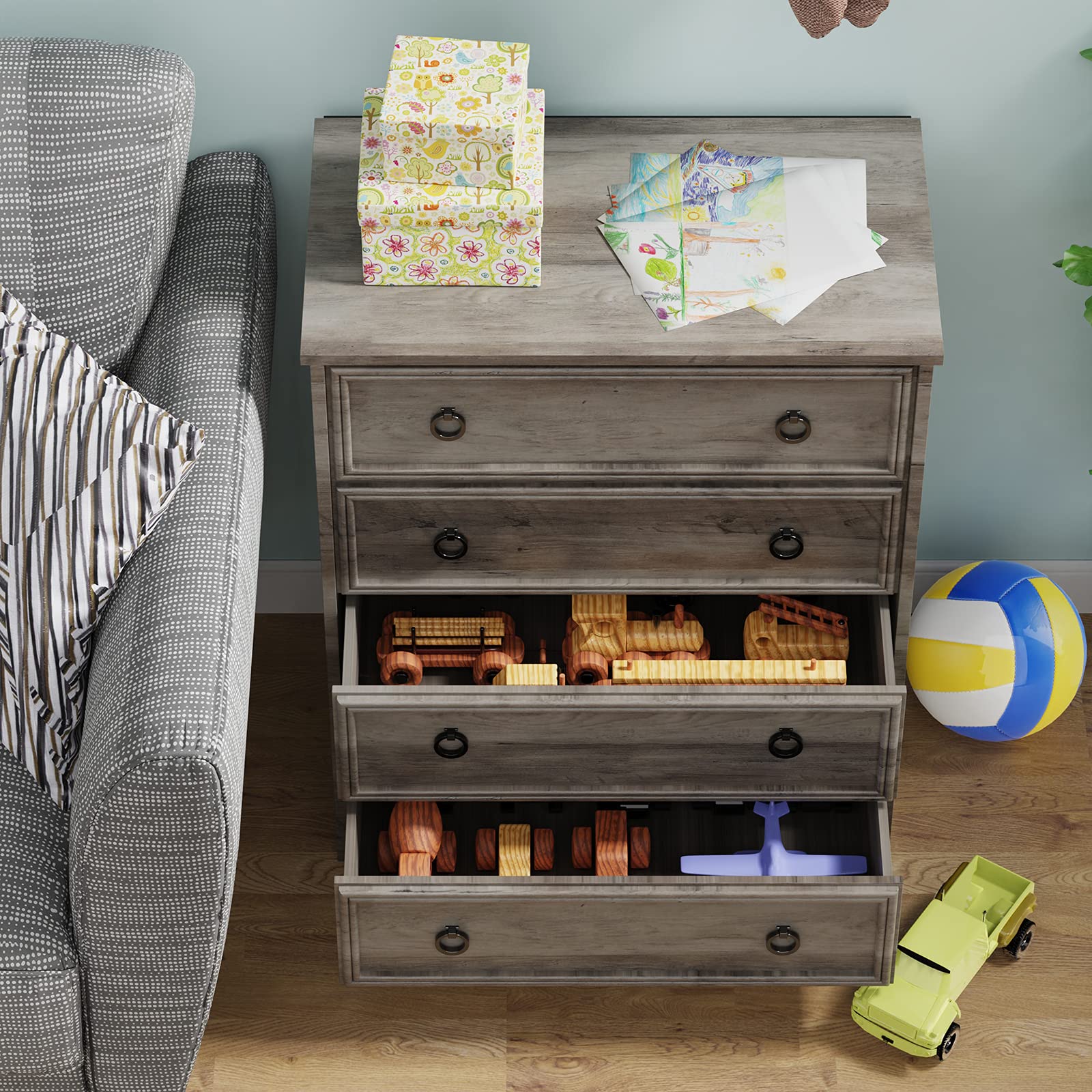 Modern 4-Drawer Dresser for Bedroom - Tall Chest of Drawers with Easy Pull Handles & Textured Borders | Gray Closet Organizer & Clothing Storage Solution | Perfect for Living Room, Hallway & Bedroom Organization