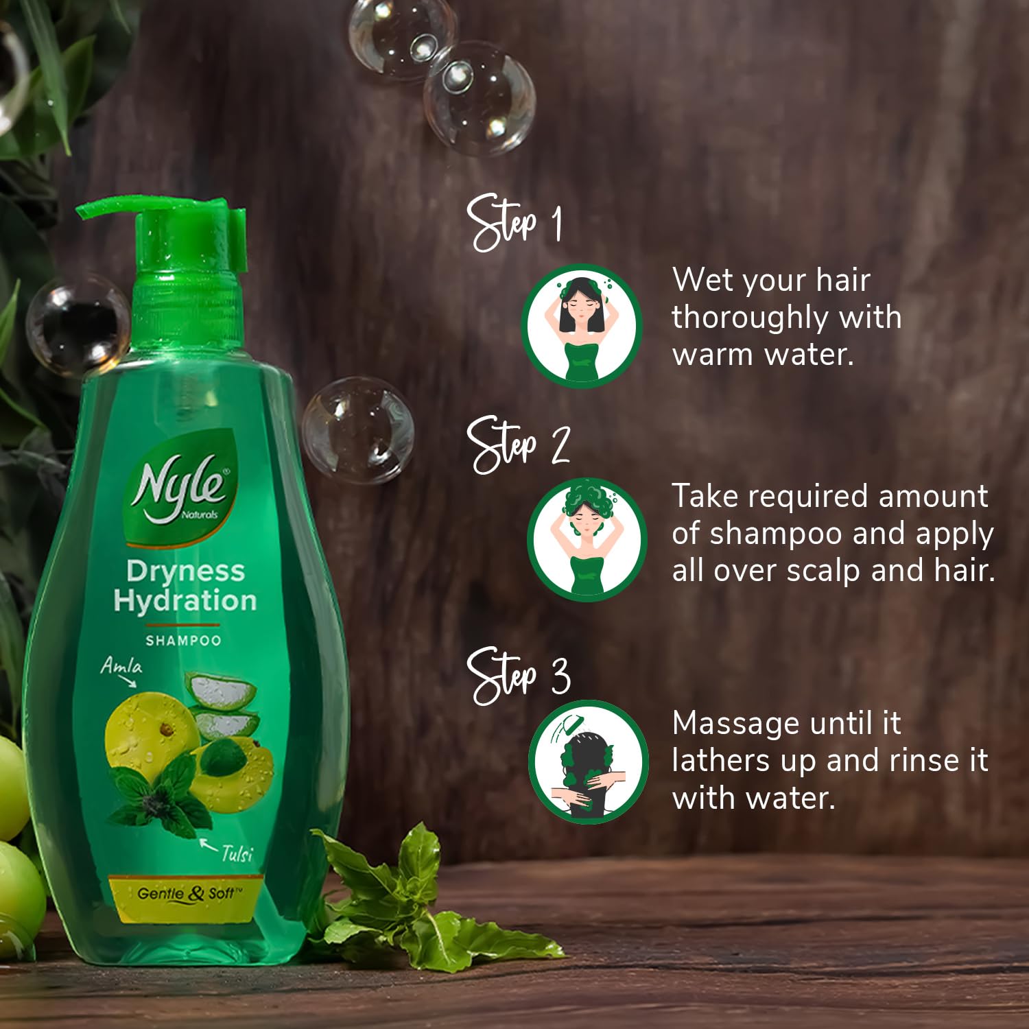 Nyle Naturals Hydrating Shampoo for Dry & Frizzy Hair - 800ml with Tulsi, Amla & Aloe Vera | Gentle Moisturizing Shampoo for Men & Women | Perfect for Damaged Hair Repair & Daily Hydration