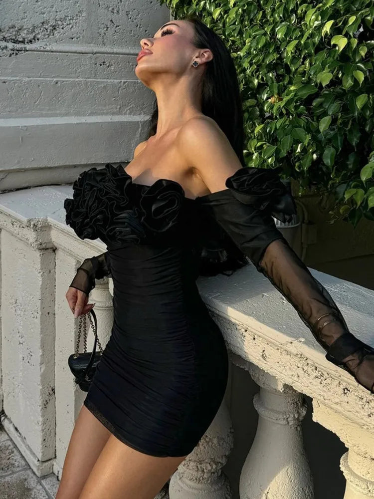 Sexy Off Shoulder Mesh Ruched Black Flower Mini Bodycon Dress for Women - 2024 Fall Fashion Elegant Evening Club Party Dress - Perfect for Night Out, Date Night & Special Occasions