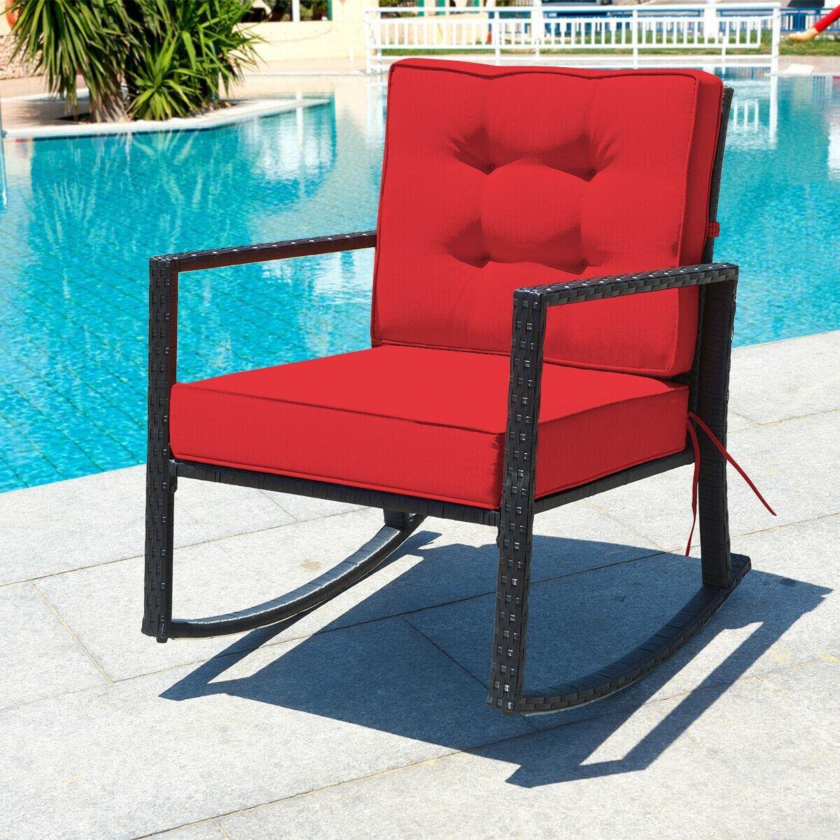 Patio Rattan Rocker Chair - Outdoor Glider Wicker Rocking Chair with Red Cushion - Comfortable Mikalo Chair for Porch, Garden, and Camping Relaxation