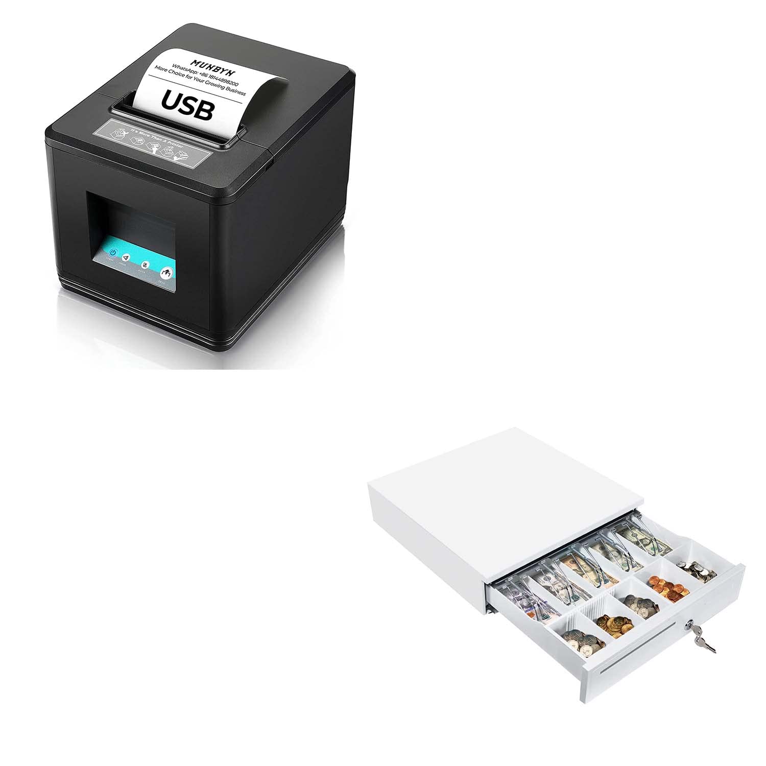 MUNBYN 80mm USB Thermal Receipt Printer with White Cash Drawer - 16